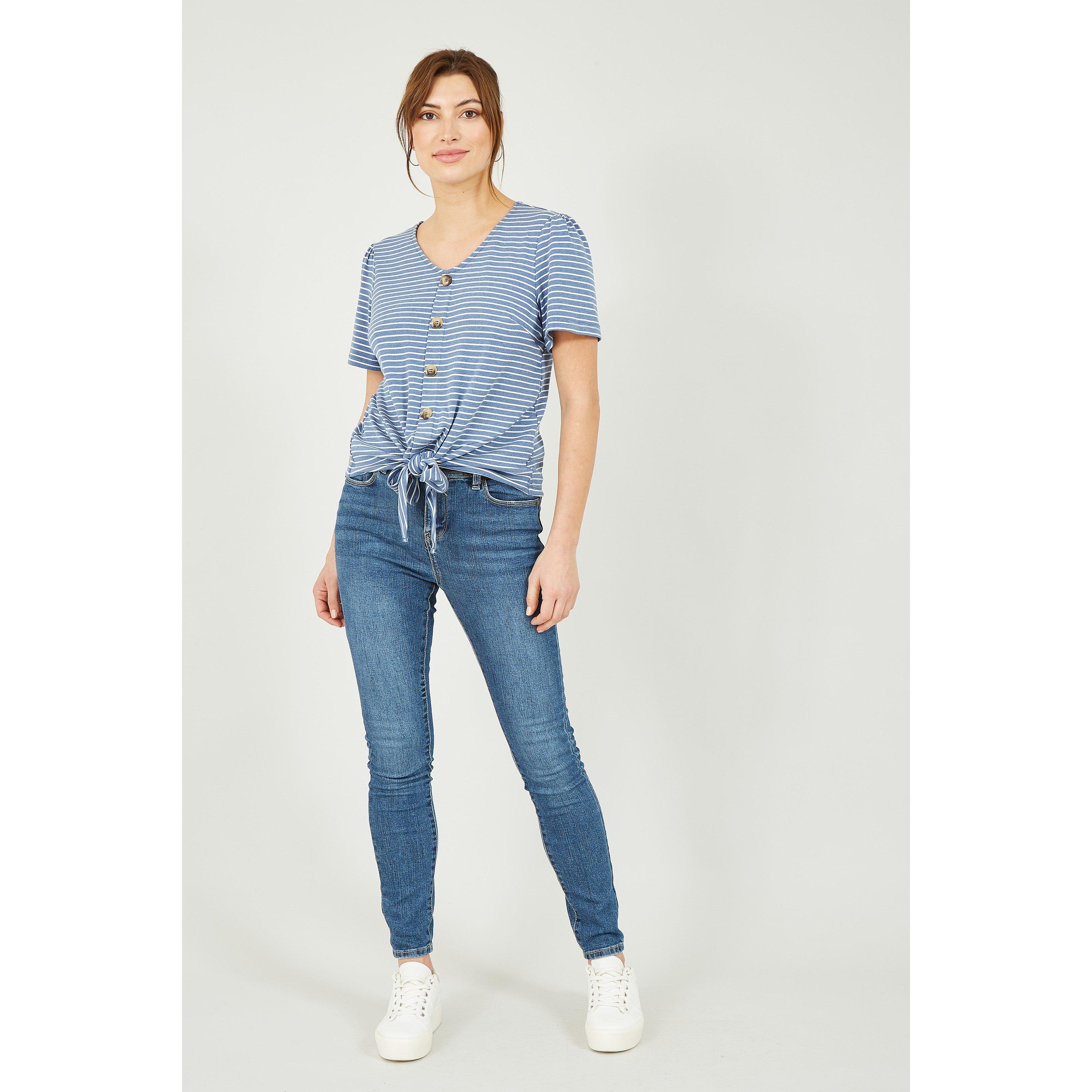 Blue - Yumi - Blue Striped Jersey Button Detail Top - 2