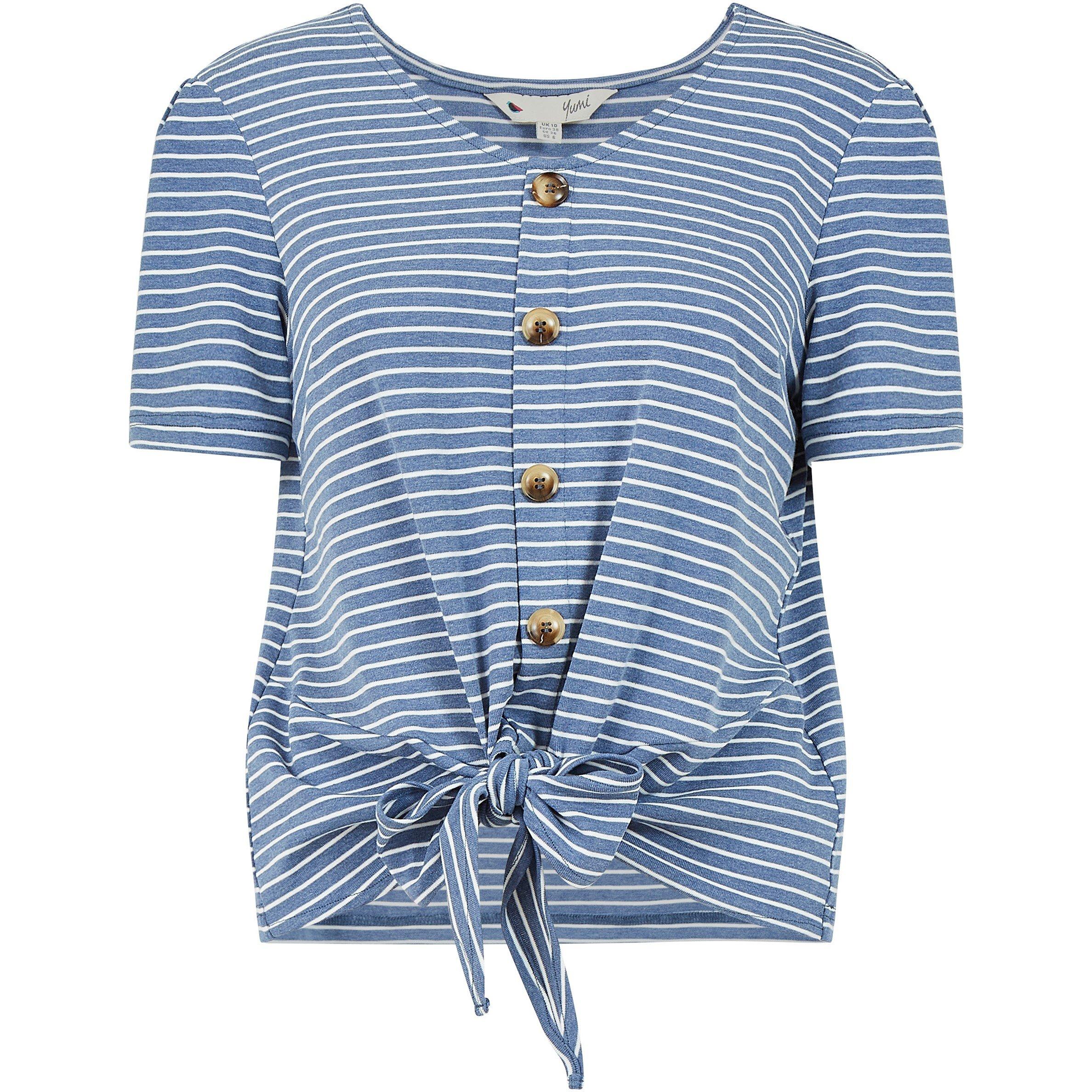 Blue - Yumi - Blue Striped Jersey Button Detail Top - 4