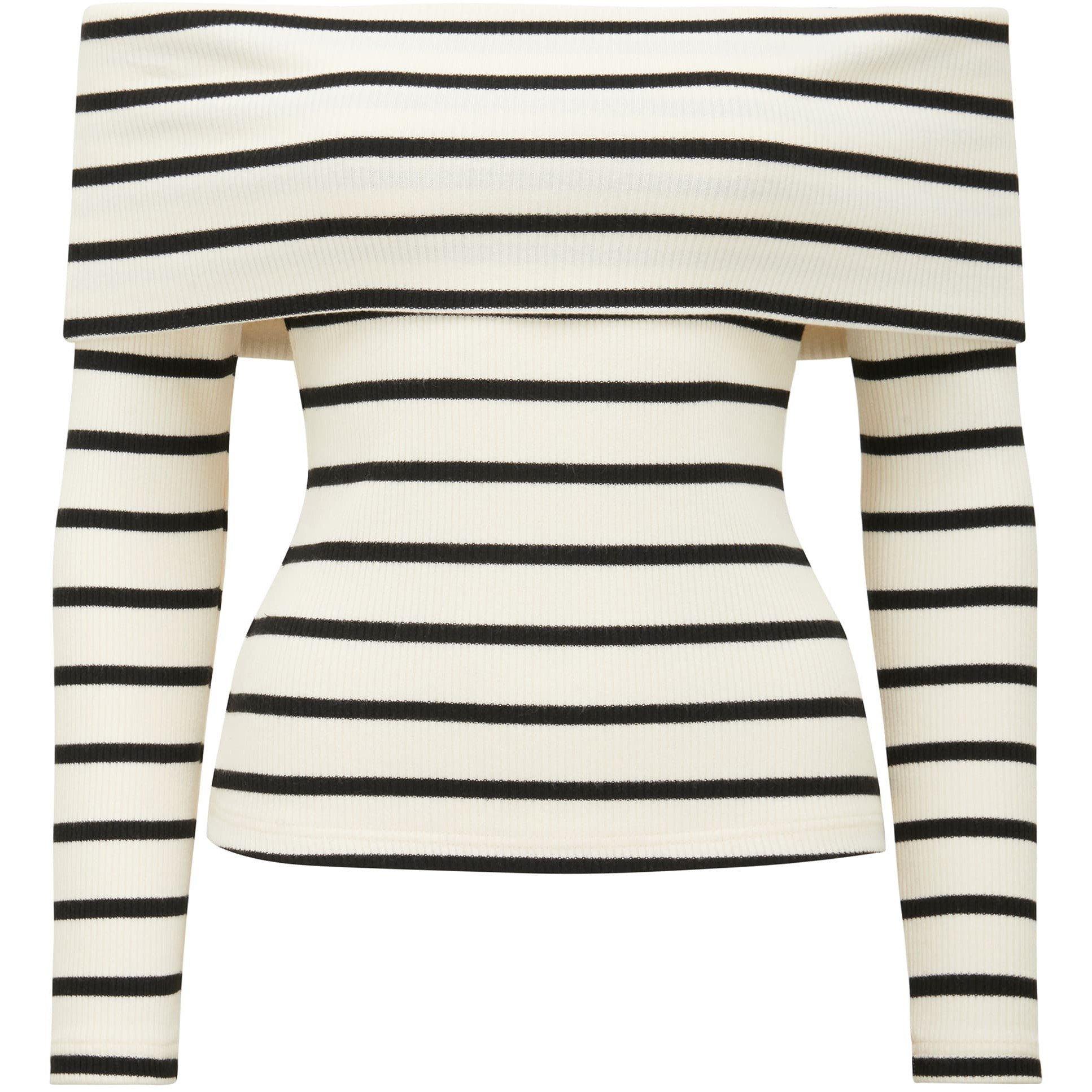 Cream/Black Str - Forever New - Louise Ribbed Long Sleeves Bardot Top - 1