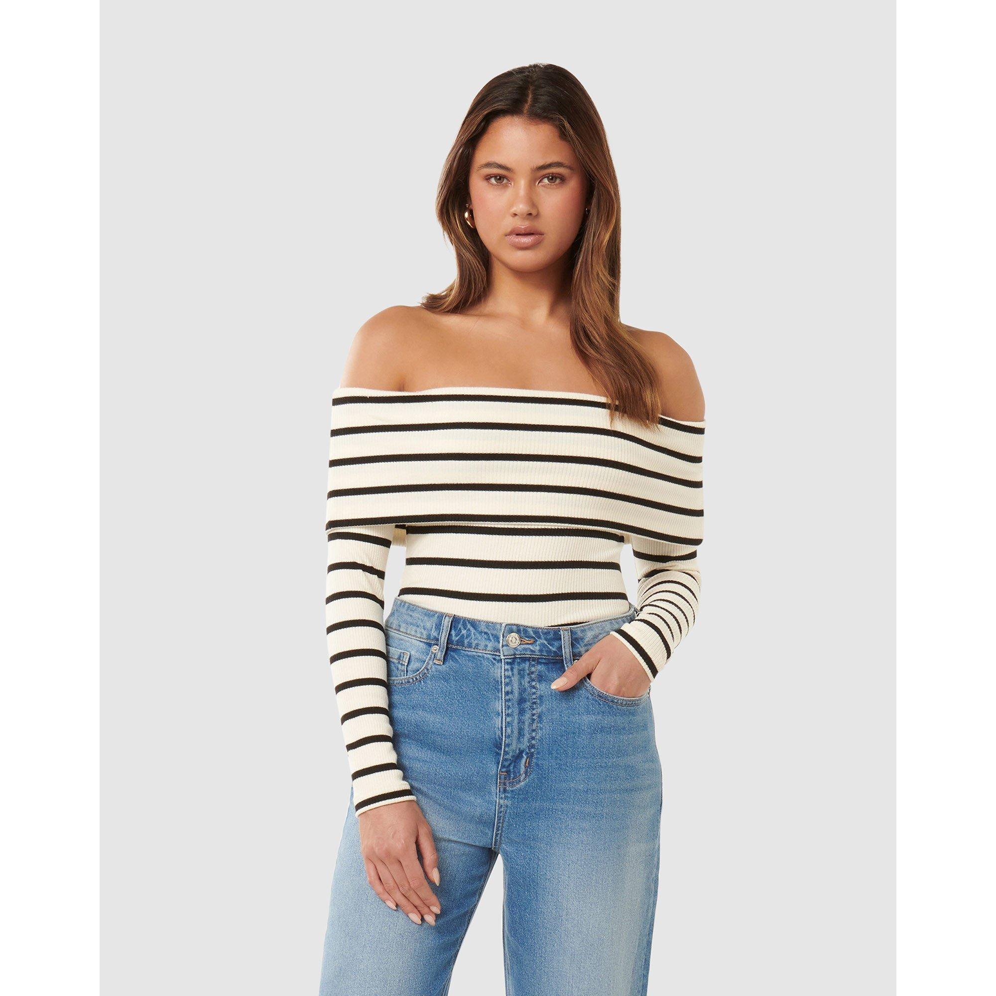 Cream/Black Str - Forever New - Louise Ribbed Long Sleeves Bardot Top - 3