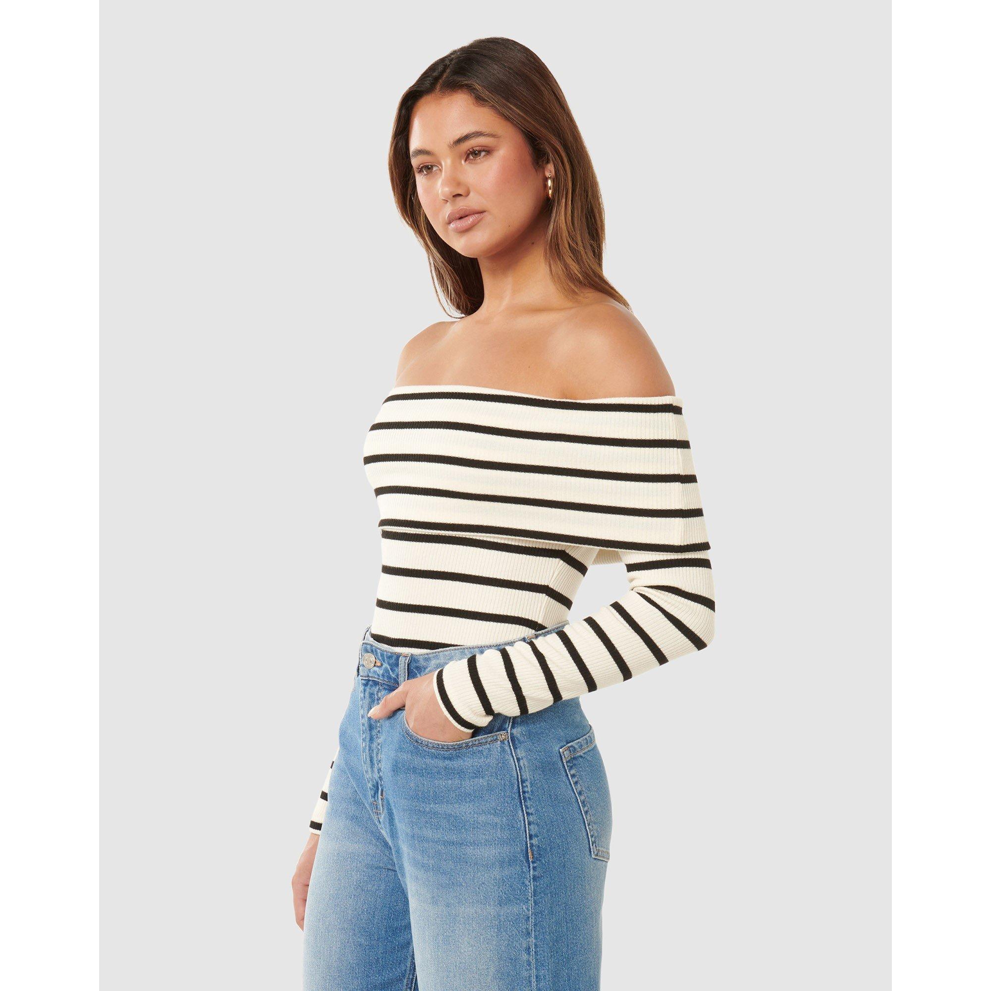 Cream/Black Str - Forever New - Louise Ribbed Long Sleeves Bardot Top - 5