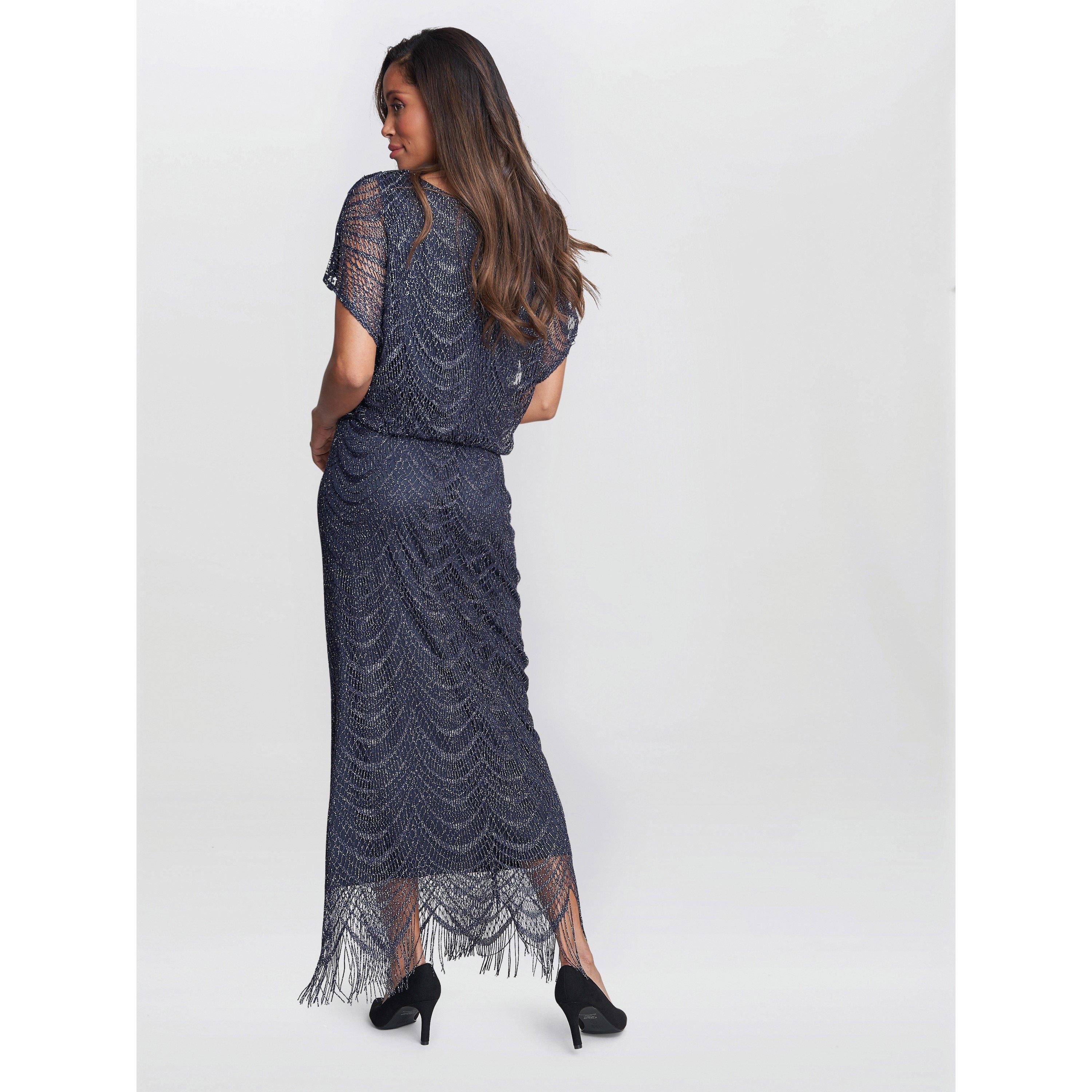 Navy / Silver - Gina Bacconi - Arleen Long Blouson Fringe Hem Dress - 2