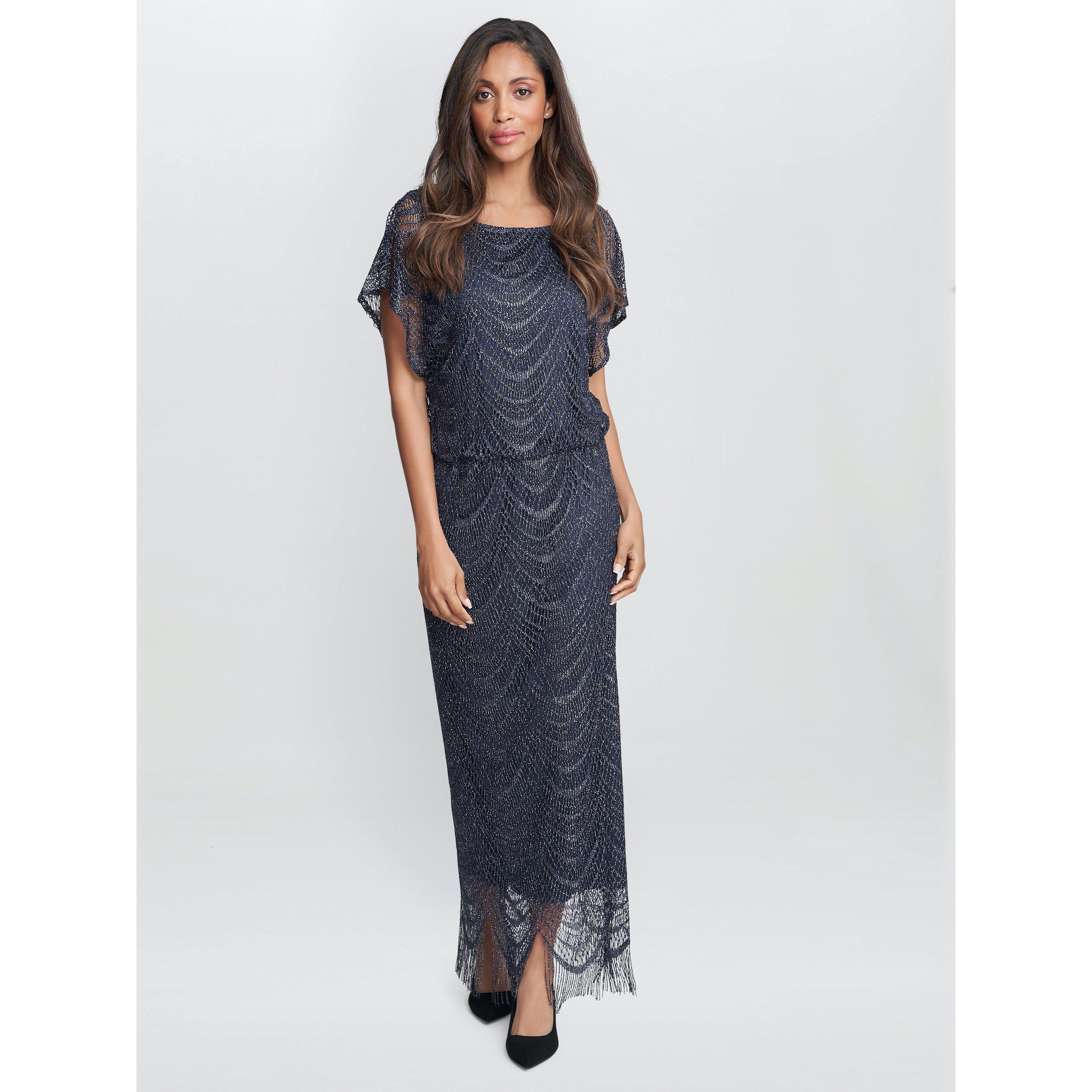 Navy / Silver - Gina Bacconi - Arleen Long Blouson Fringe Hem Dress - 3