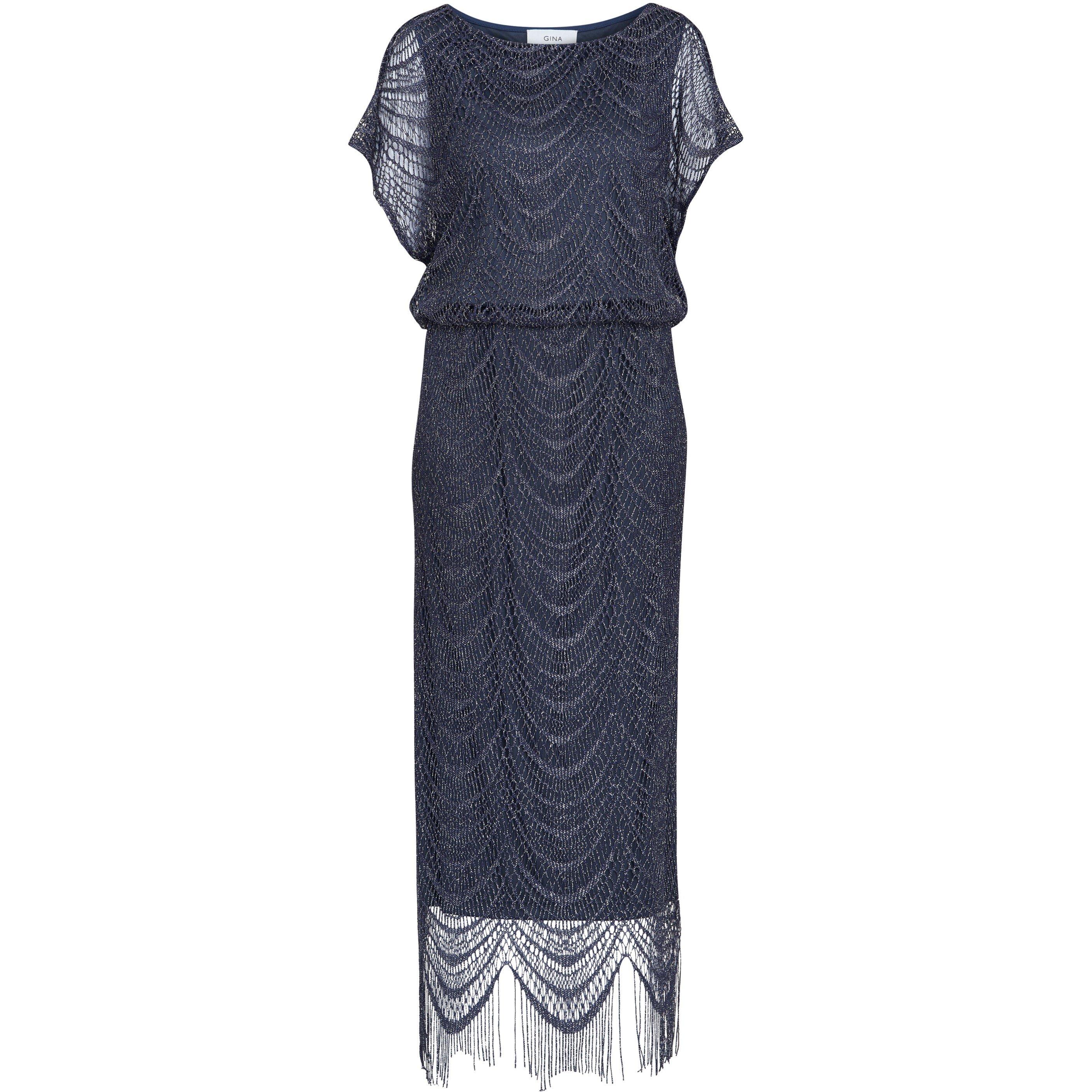 Navy / Silver - Gina Bacconi - Arleen Long Blouson Fringe Hem Dress - 4