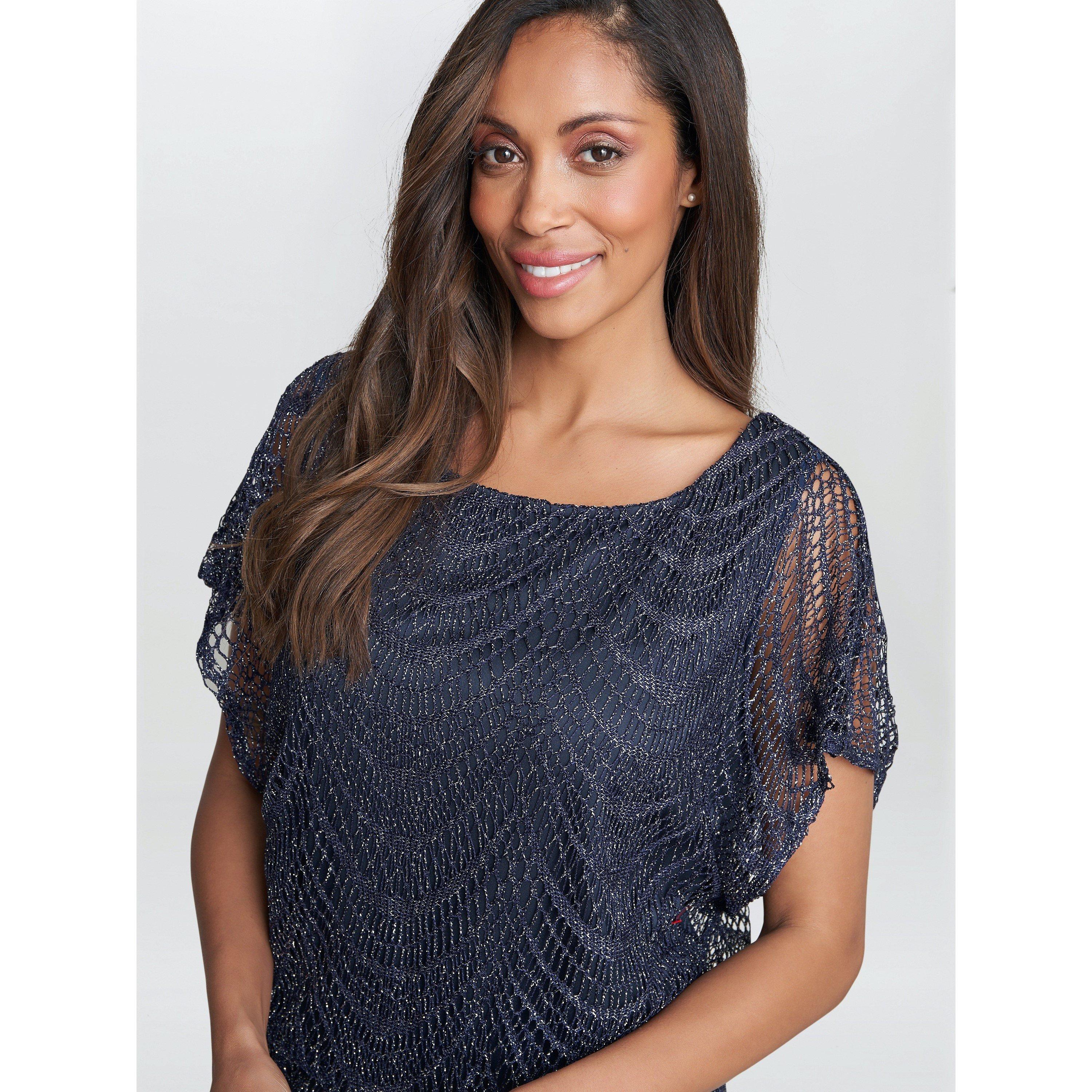 Navy / Silver - Gina Bacconi - Arleen Long Blouson Fringe Hem Dress - 5