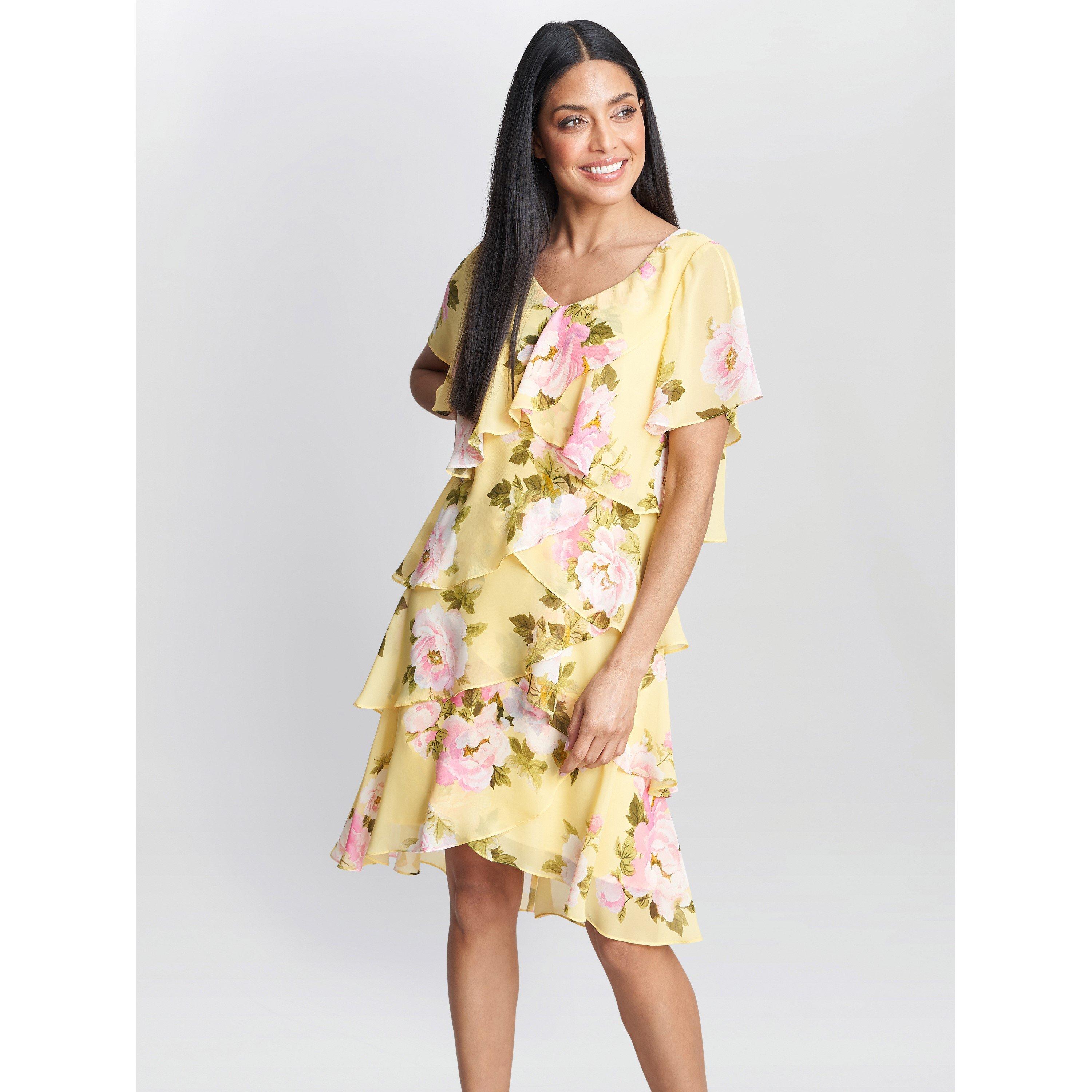 Yellow - Gina Bacconi - Edith Printed V Neck Tiered Dress - 1
