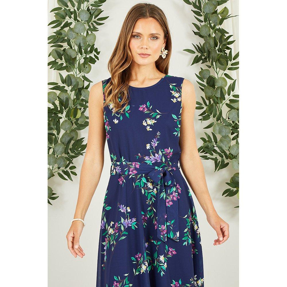 Navy - Yumi - Navy Floral Print Midi Skater Dress - 2