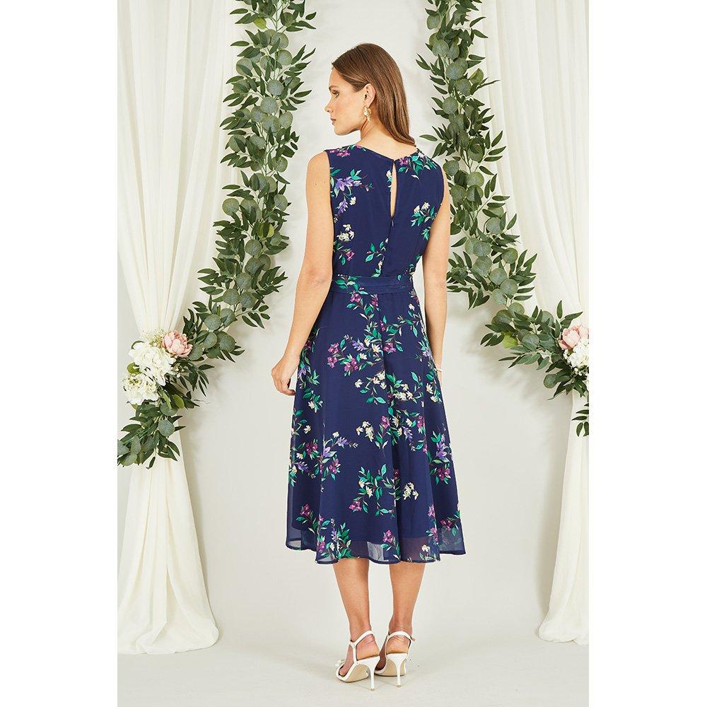 Navy - Yumi - Navy Floral Print Midi Skater Dress - 3