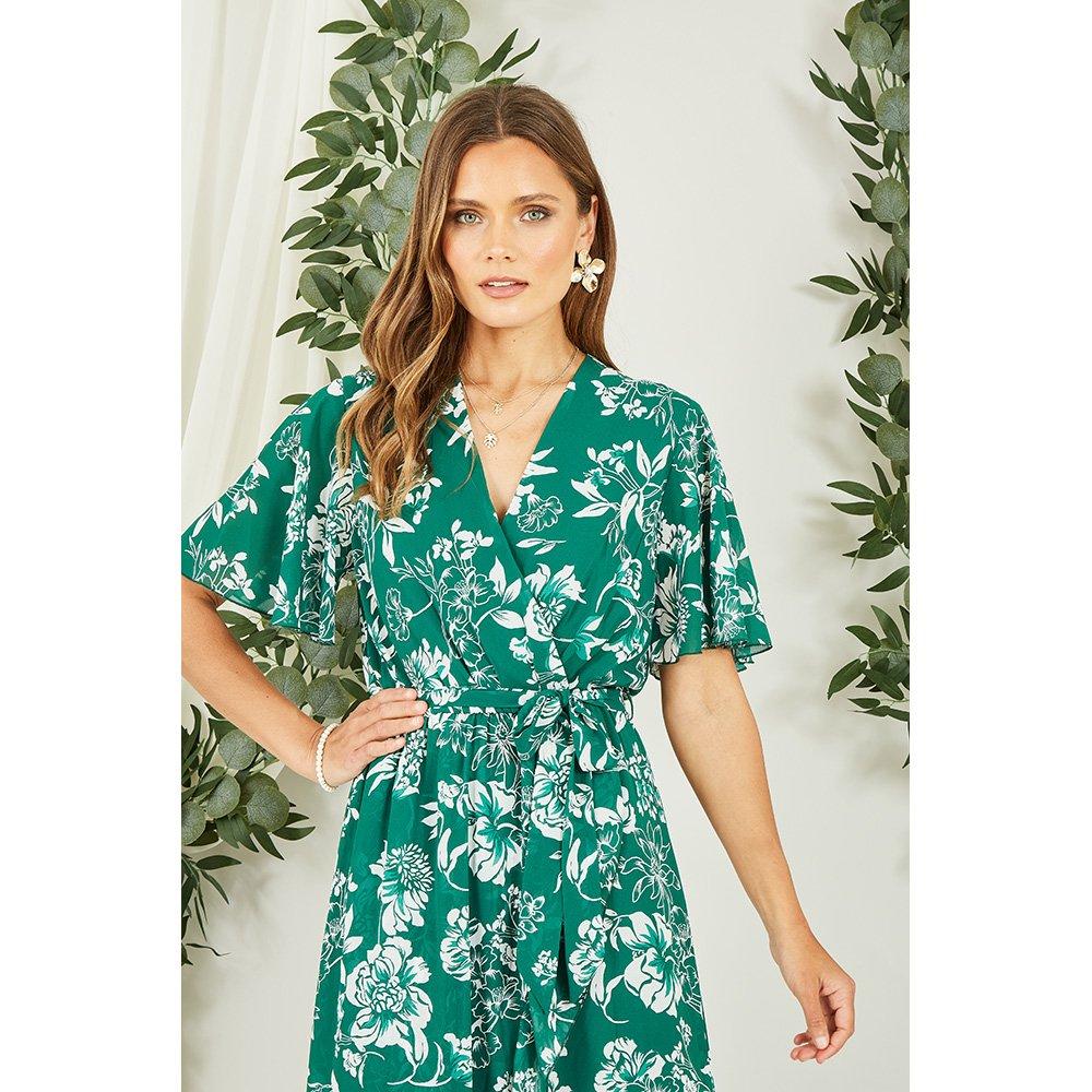 Green - Mela London - Green Floral Wrap Midi Dress - 2