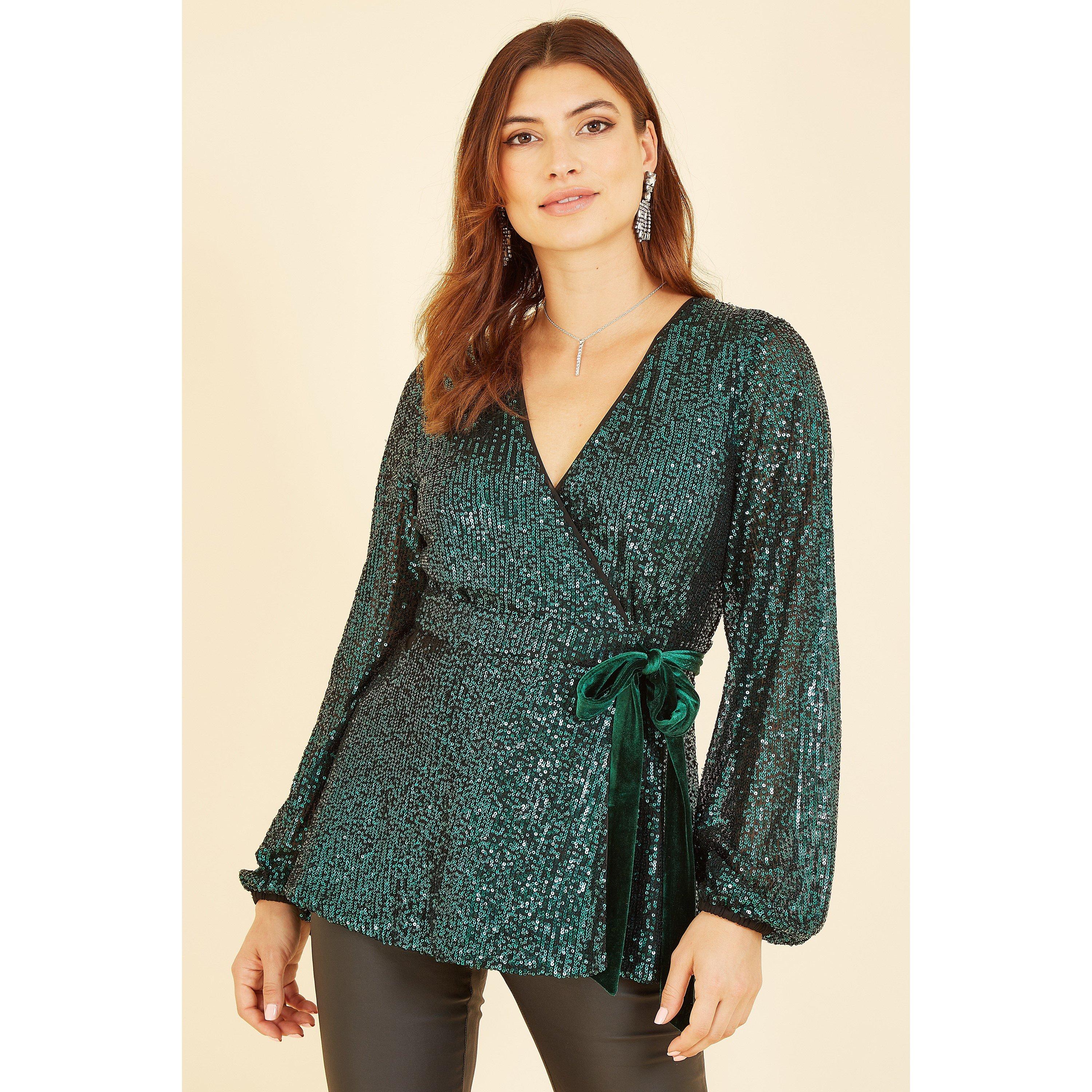 Green - Yumi - Green Sequin Wrap Top With Velvet Tie - 1