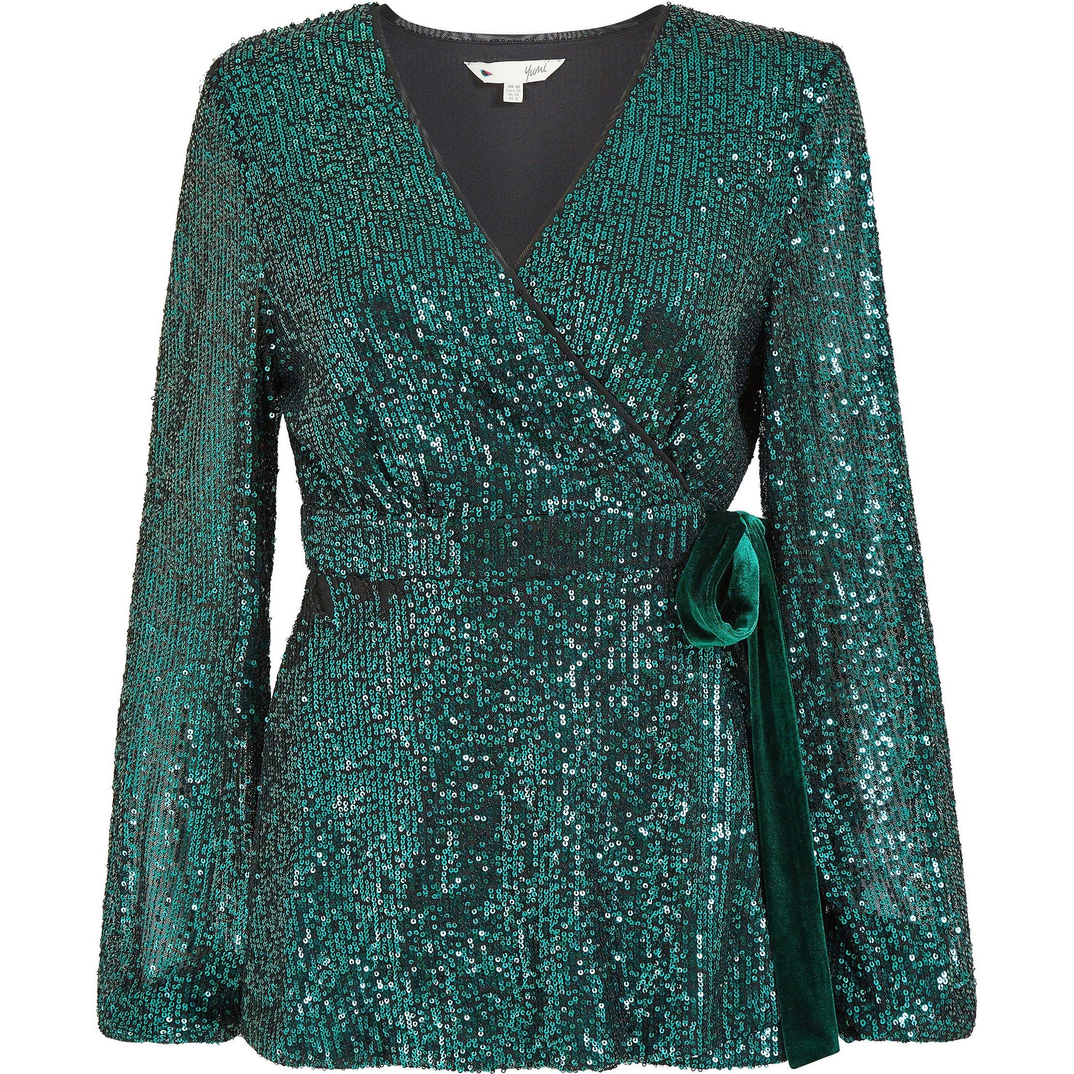 Green - Yumi - Green Sequin Wrap Top With Velvet Tie - 4