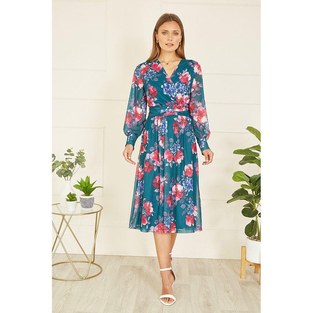 Green - Yumi - Green Floral Print Stretch Mesh Dress - 2
