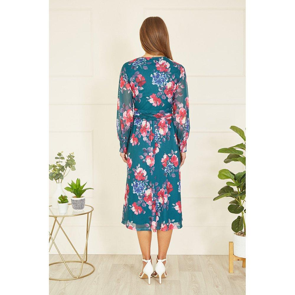 Green - Yumi - Green Floral Print Stretch Mesh Dress - 3