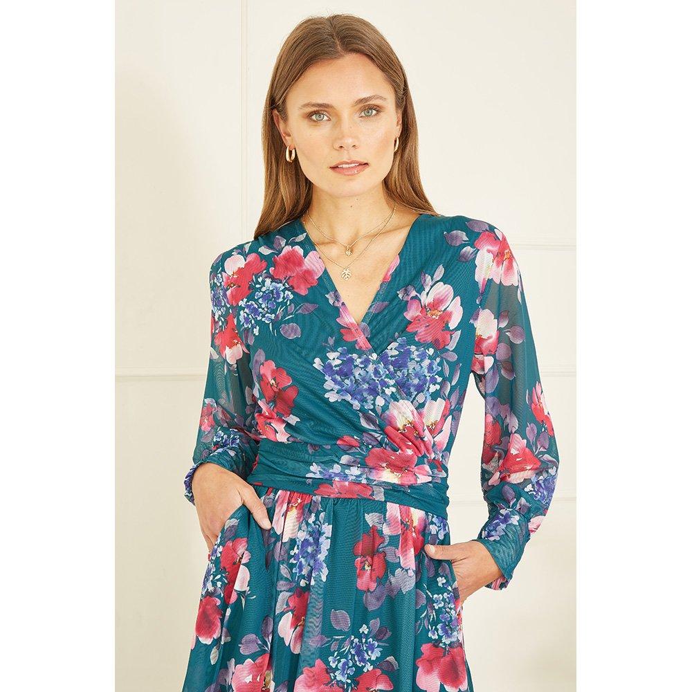 Green - Yumi - Green Floral Print Stretch Mesh Dress - 4