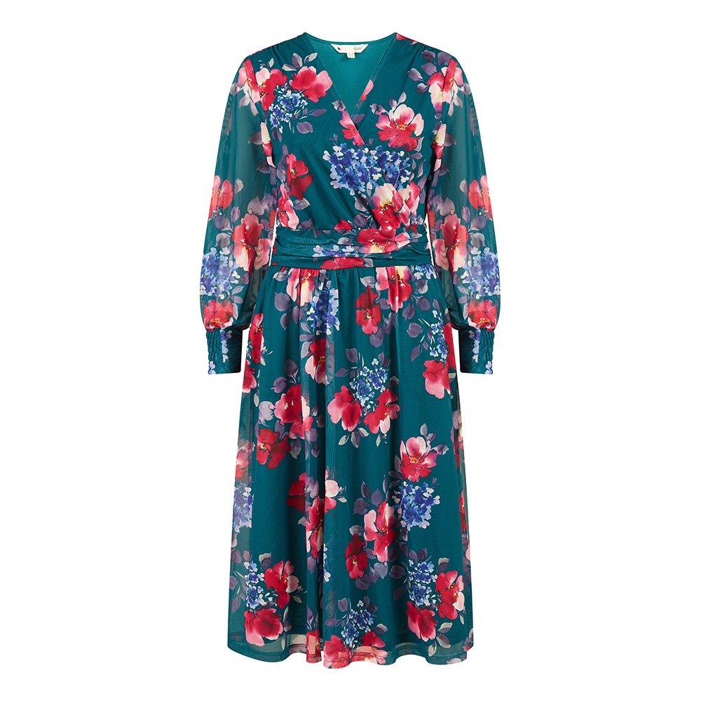 Green - Yumi - Green Floral Print Stretch Mesh Dress - 5