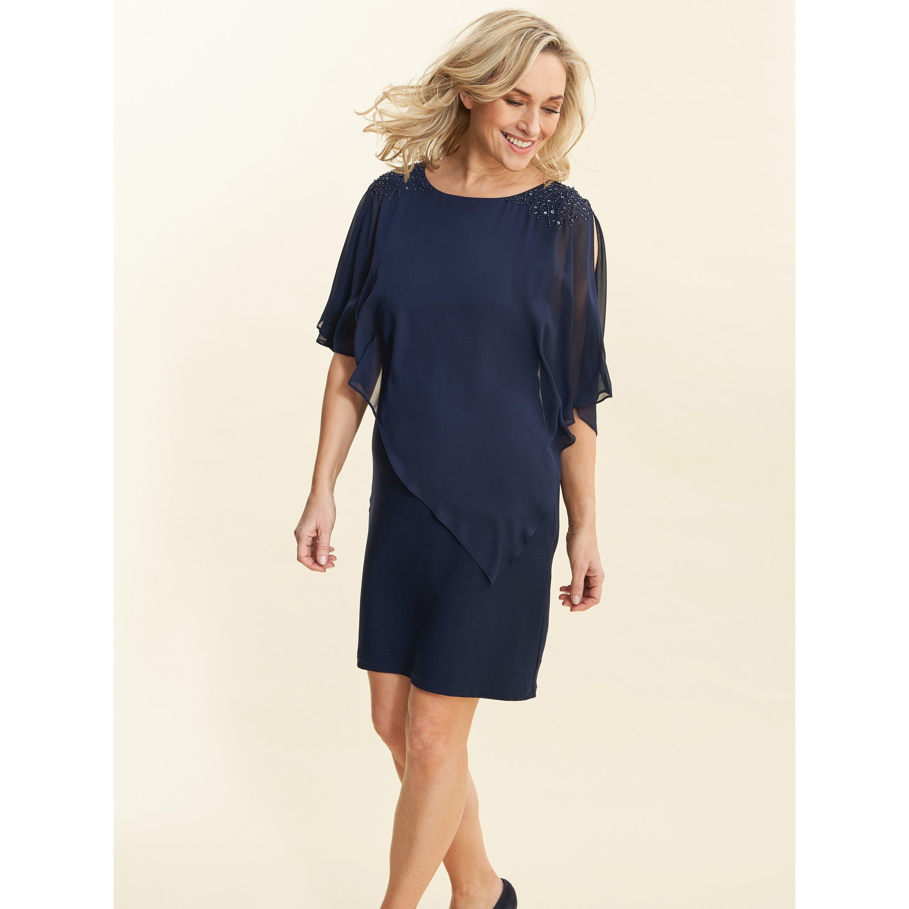 Gina Bacconi Women's Zenna Beaded Shoulder Chiffon Shift Dress - Navy - 10