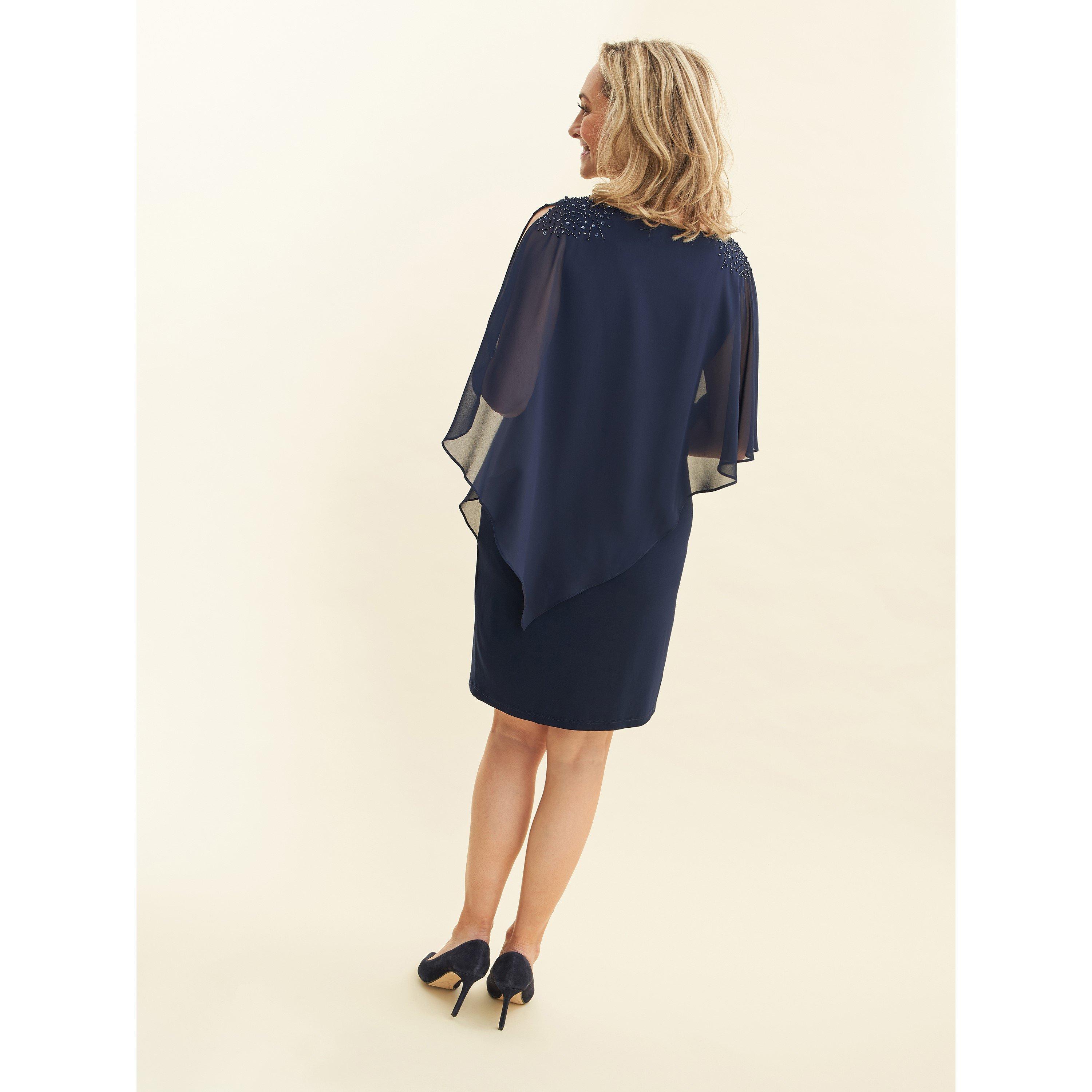 Navy - Gina Bacconi - Women's Zenna Beaded Shoulder Chiffon Shift Dress - 2