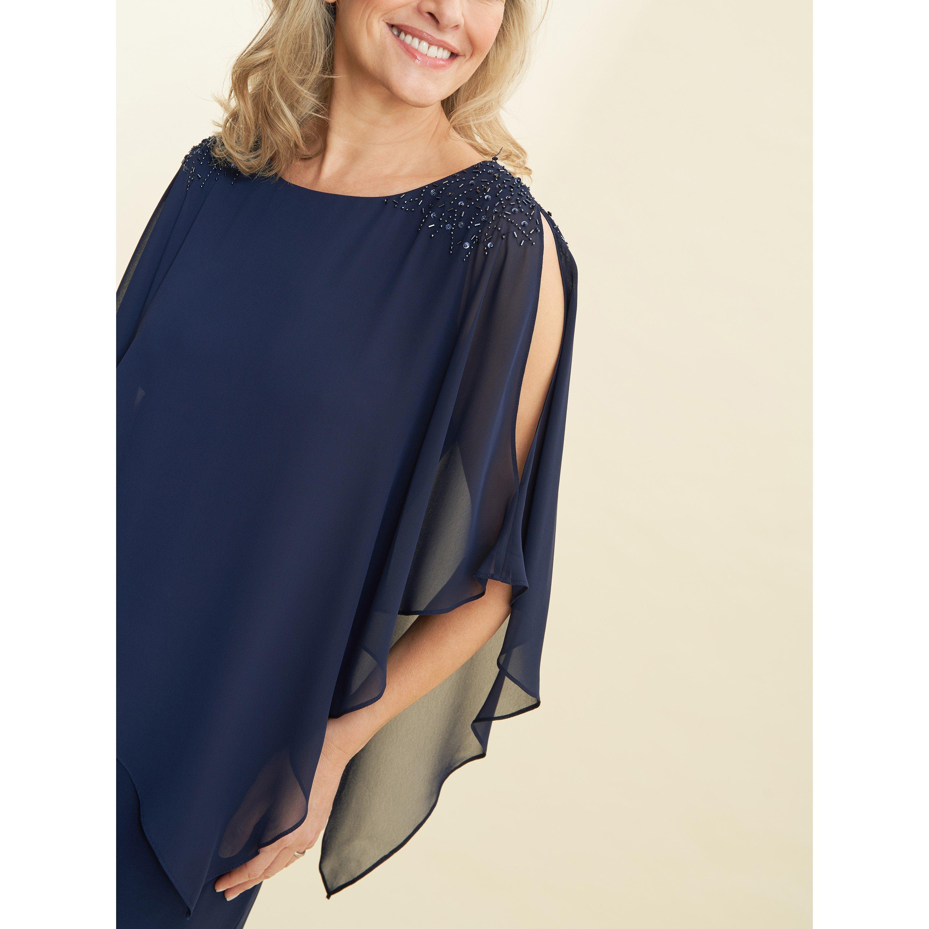 Navy - Gina Bacconi - Women's Zenna Beaded Shoulder Chiffon Shift Dress - 4