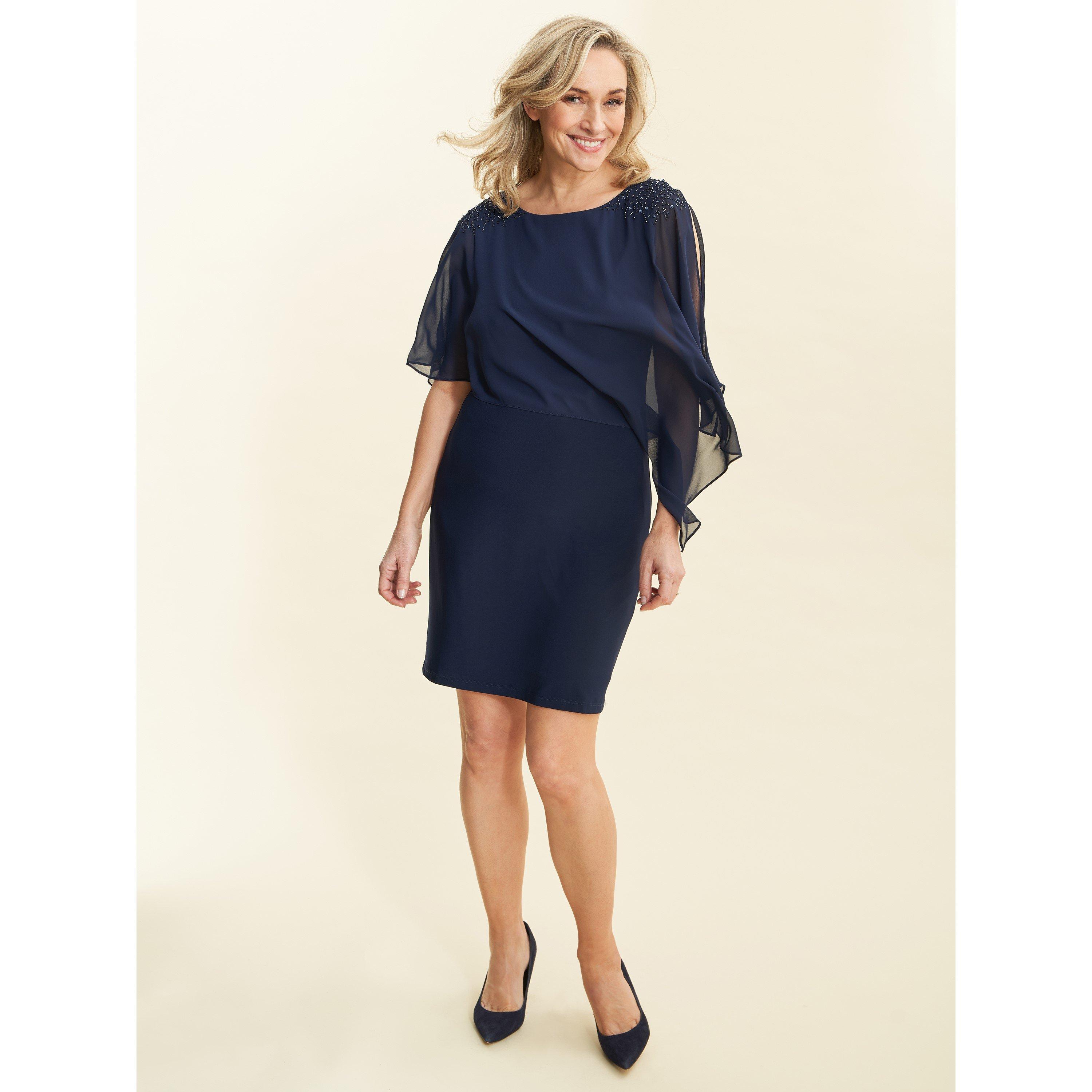 Navy - Gina Bacconi - Women's Zenna Beaded Shoulder Chiffon Shift Dress - 5