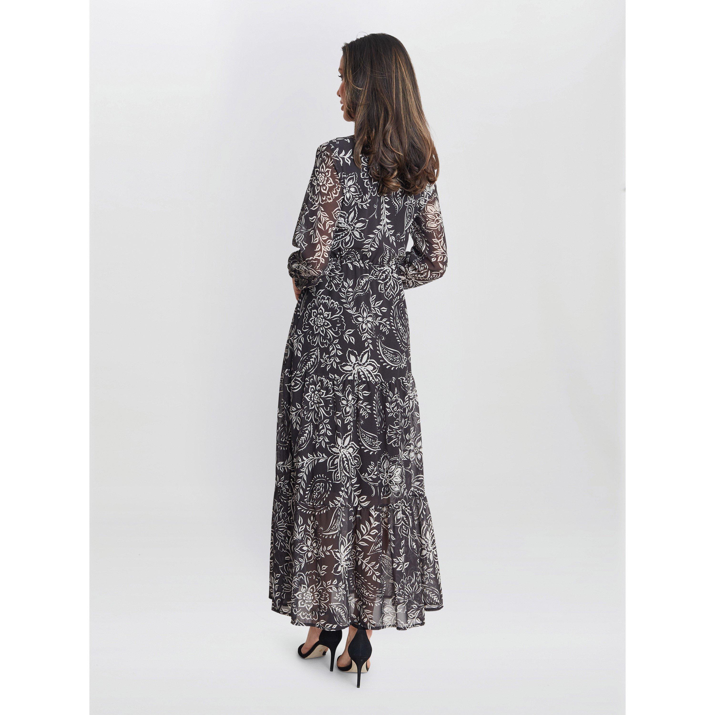 Black / Cream - Gina Bacconi - Iona Print Stand Collar Dress - 2