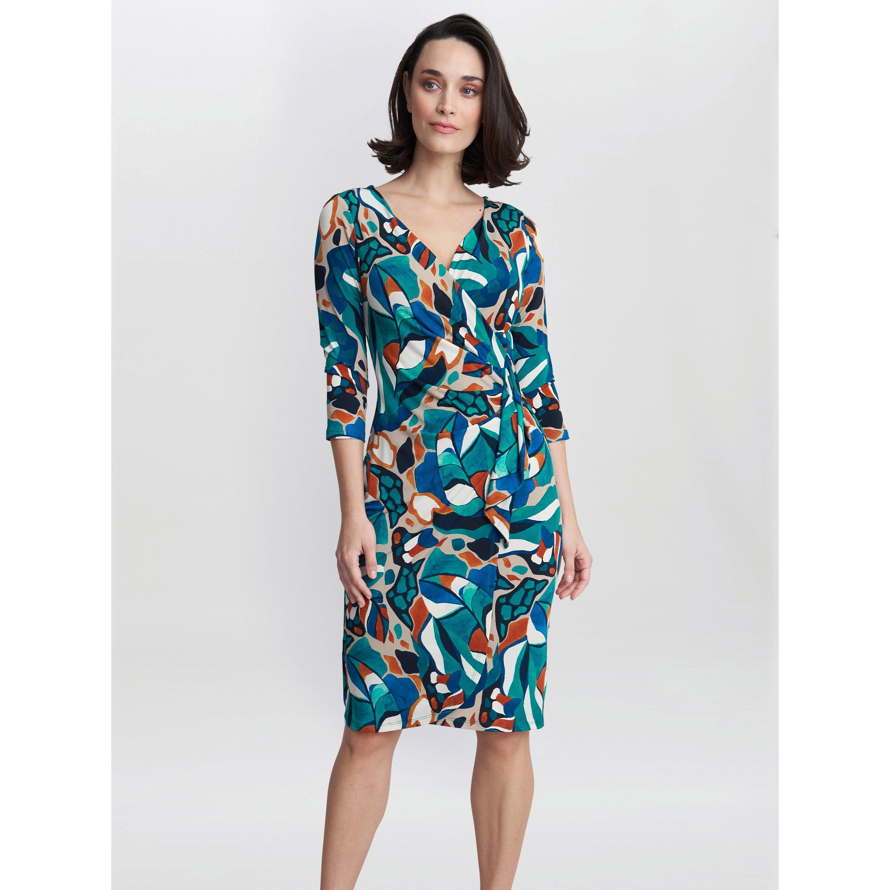 Gina Bacconi Women's Beatrix Printed Jersey Ruffle Dress - Turquoise / Bei - 20