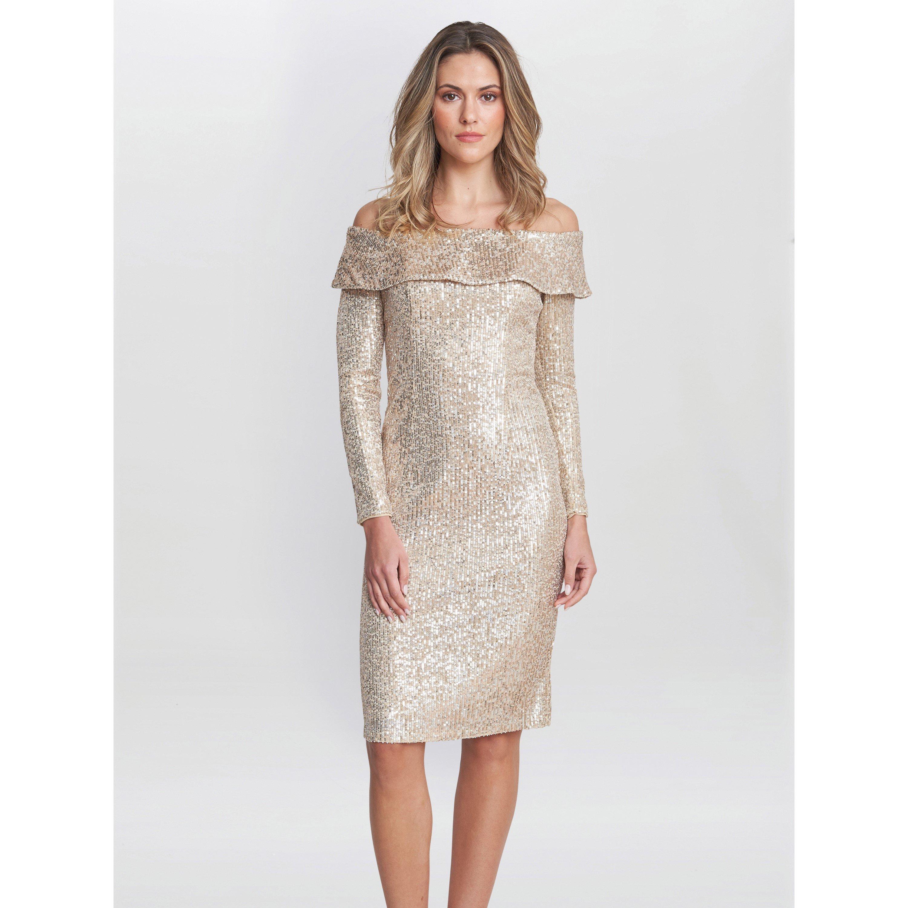 Taupe - Gina Bacconi - Anthea Off The Shoulder Sequin Dress - 1