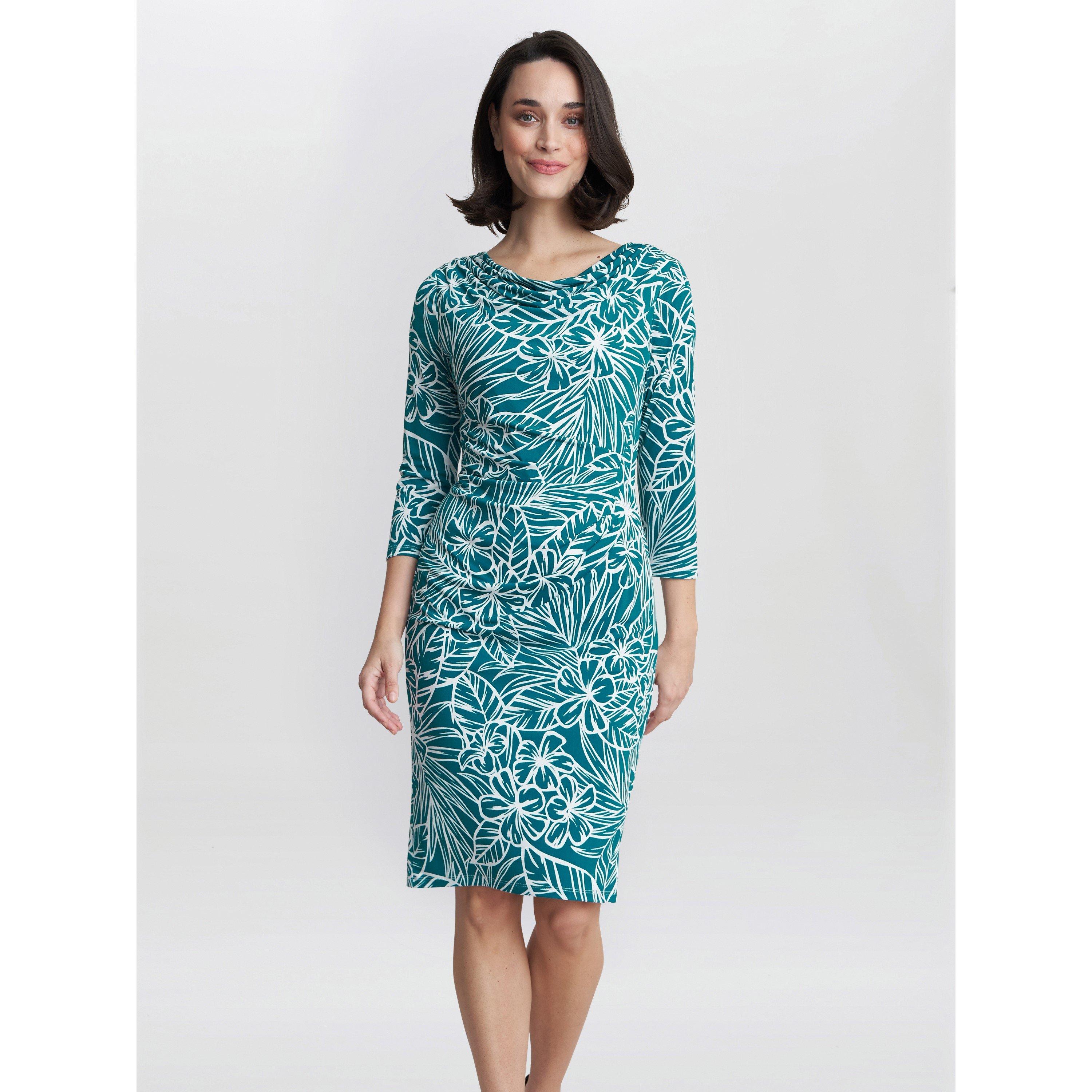 Teal - Gina Bacconi - Adeline Printed Jersey Cowl Neck Dress - 1