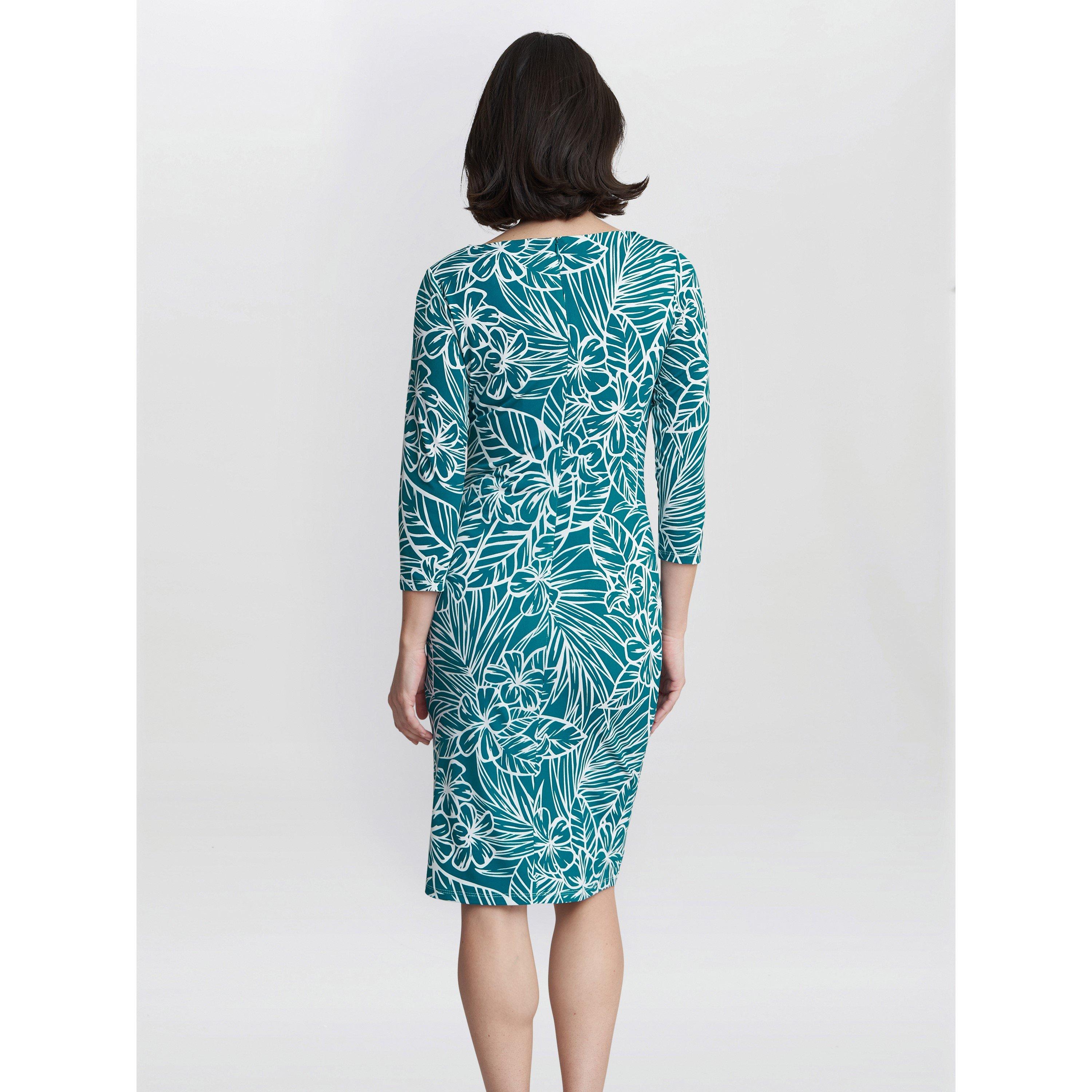 Teal - Gina Bacconi - Adeline Printed Jersey Cowl Neck Dress - 2