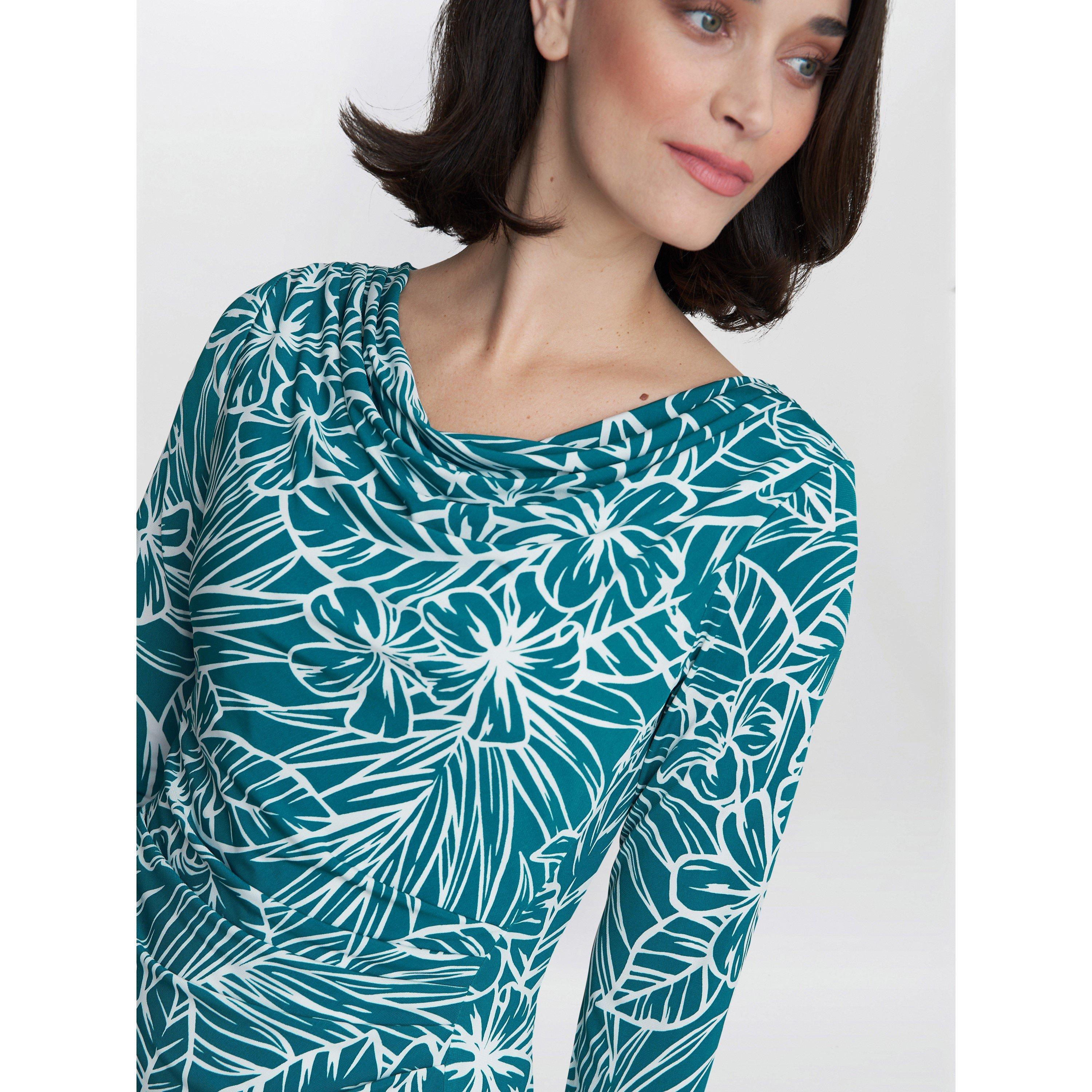 Teal - Gina Bacconi - Adeline Printed Jersey Cowl Neck Dress - 5
