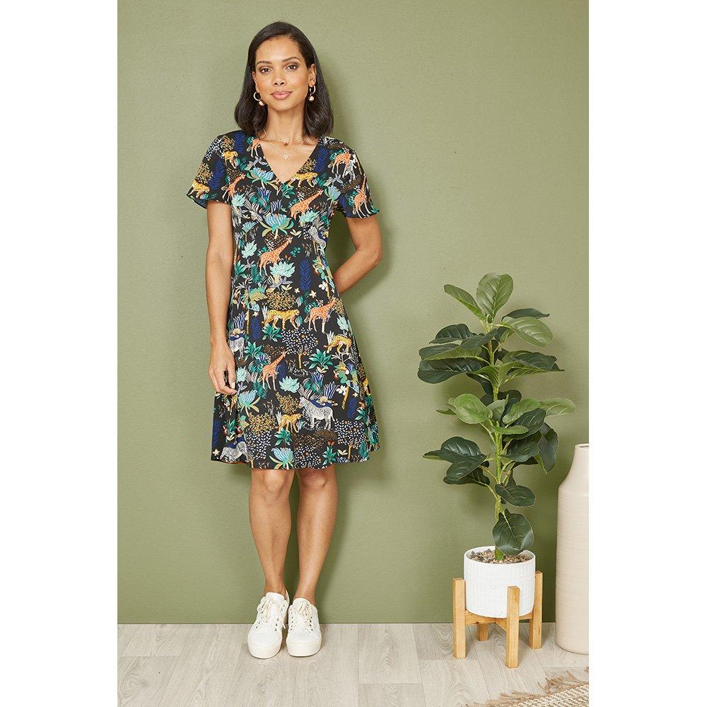 Black - Yumi - Black Jungle Print Skater Dress - 2
