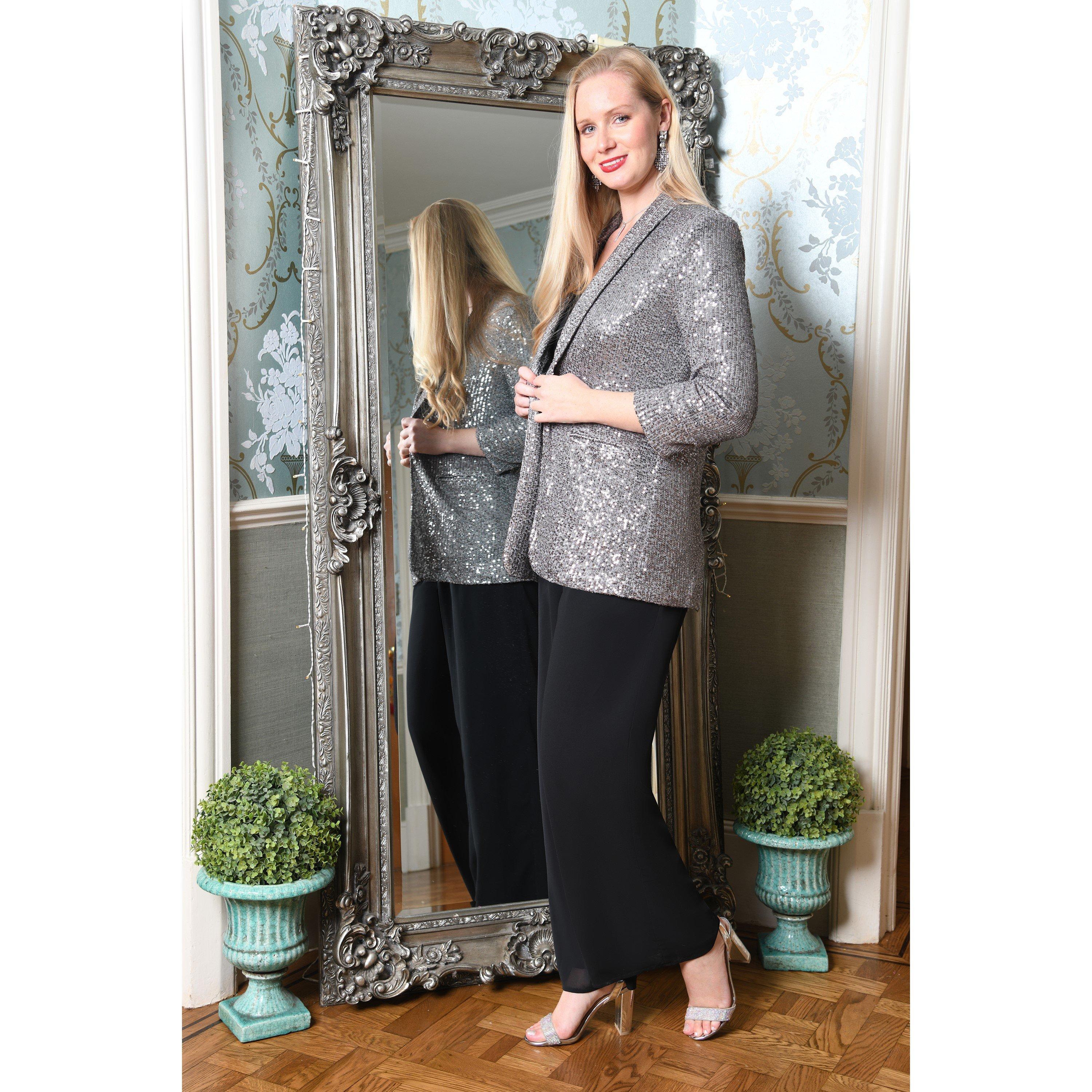 Silver - Yumi - Women's Silver Sequin Blazer with Pockets - 2