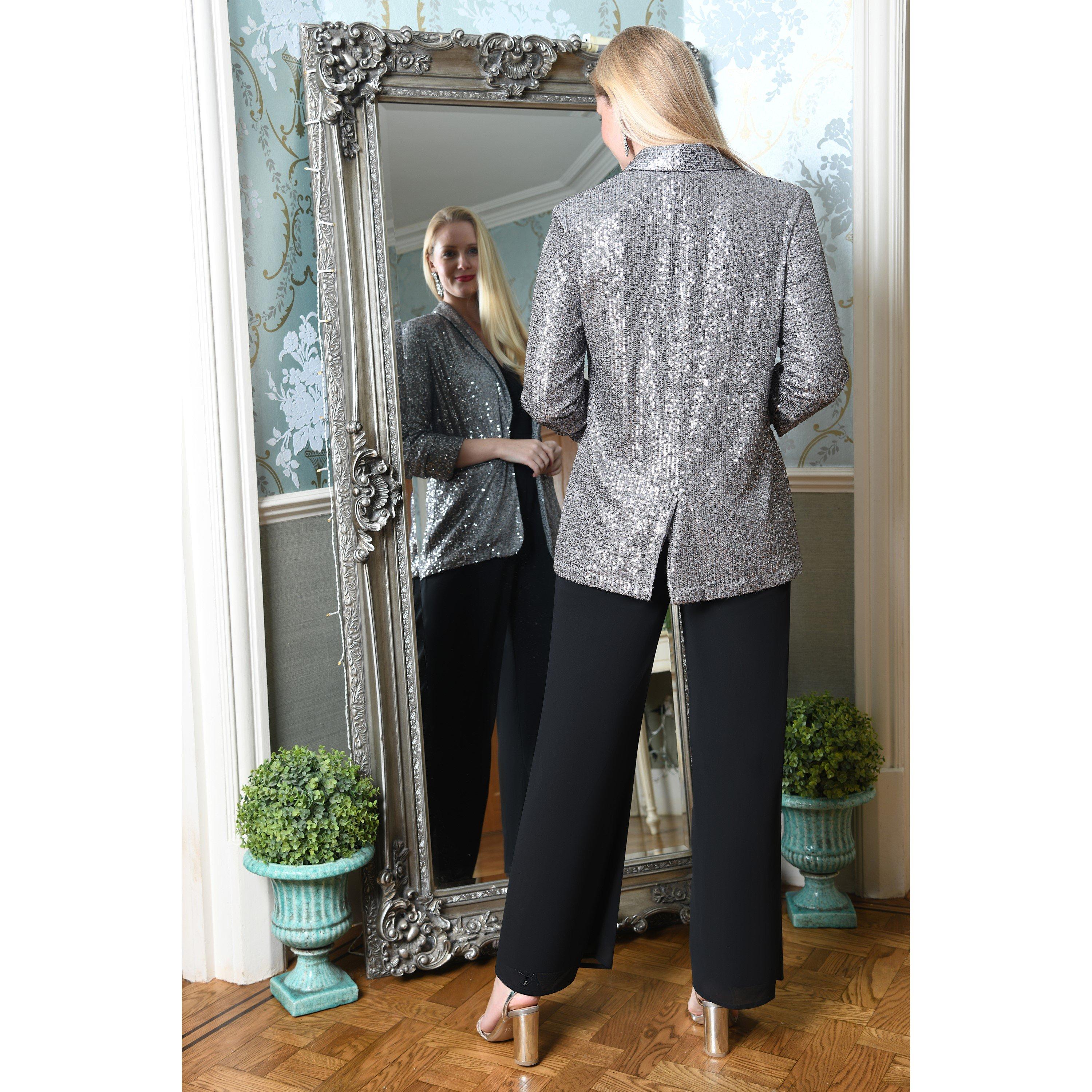 Silver - Yumi - Women's Silver Sequin Blazer with Pockets - 3