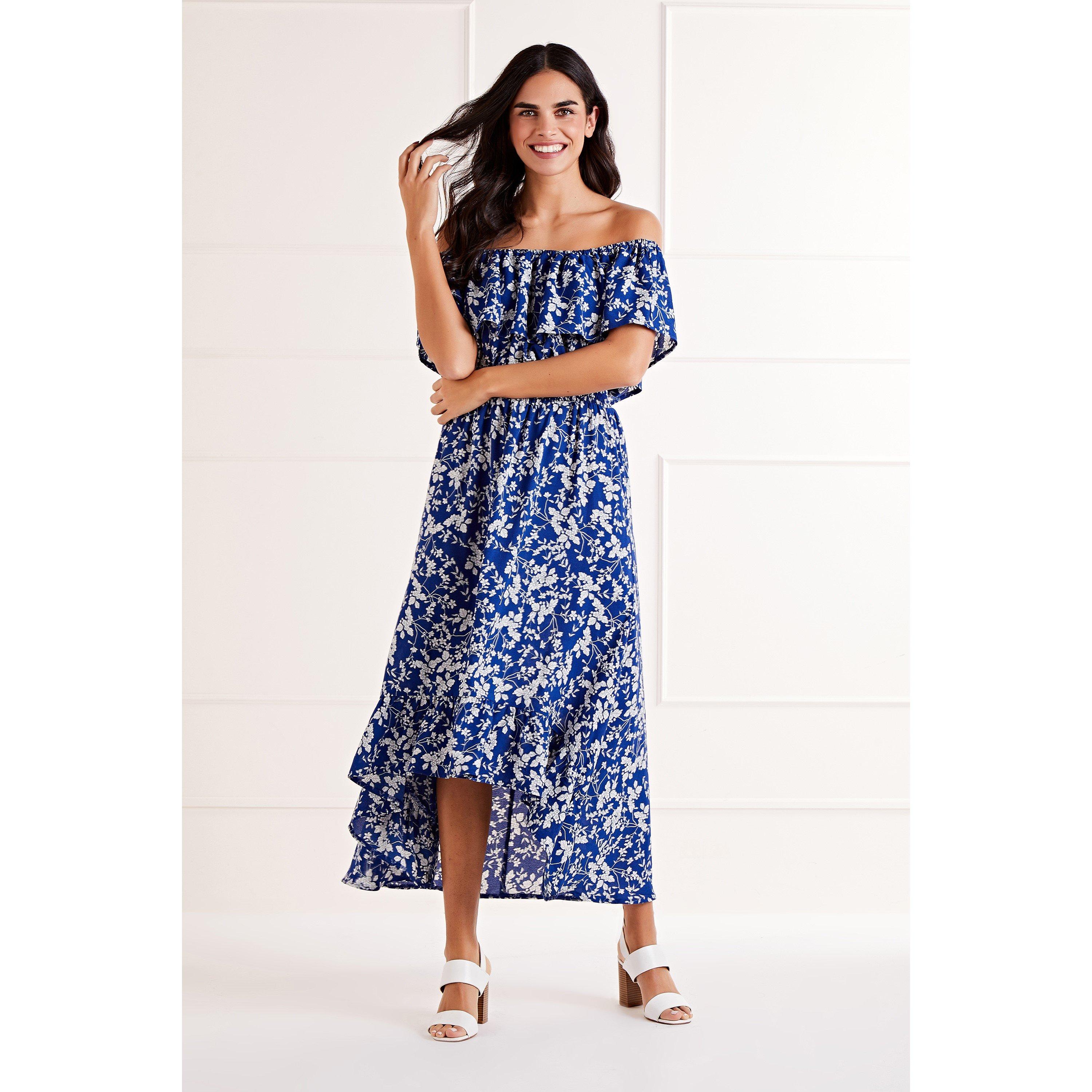 Blue - Mela London - Blue Ditsy Print Bardot Dipped Hem Dress - 2