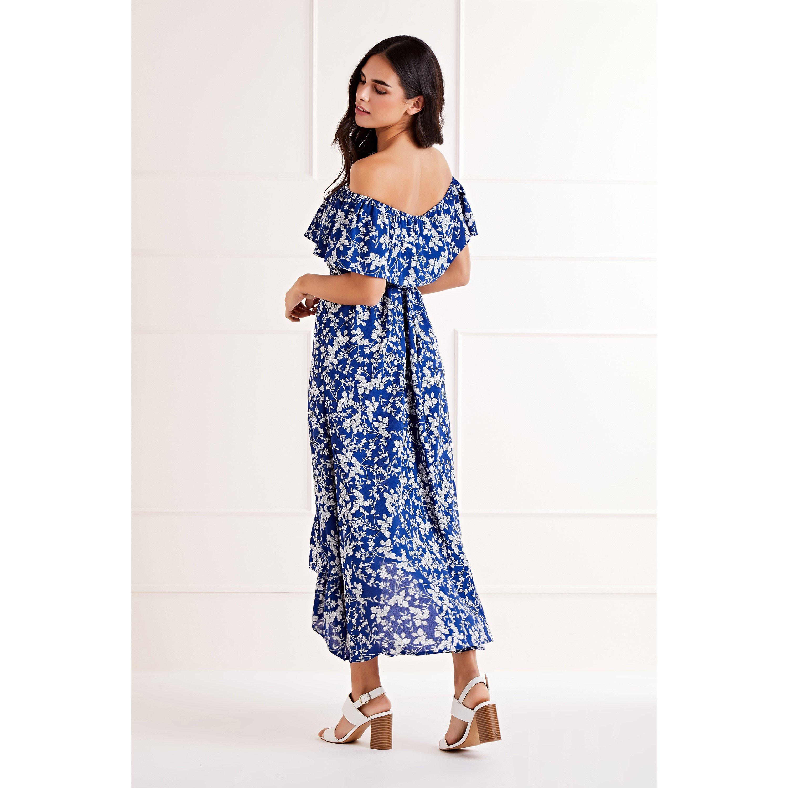 Blue - Mela London - Blue Ditsy Print Bardot Dipped Hem Dress - 3
