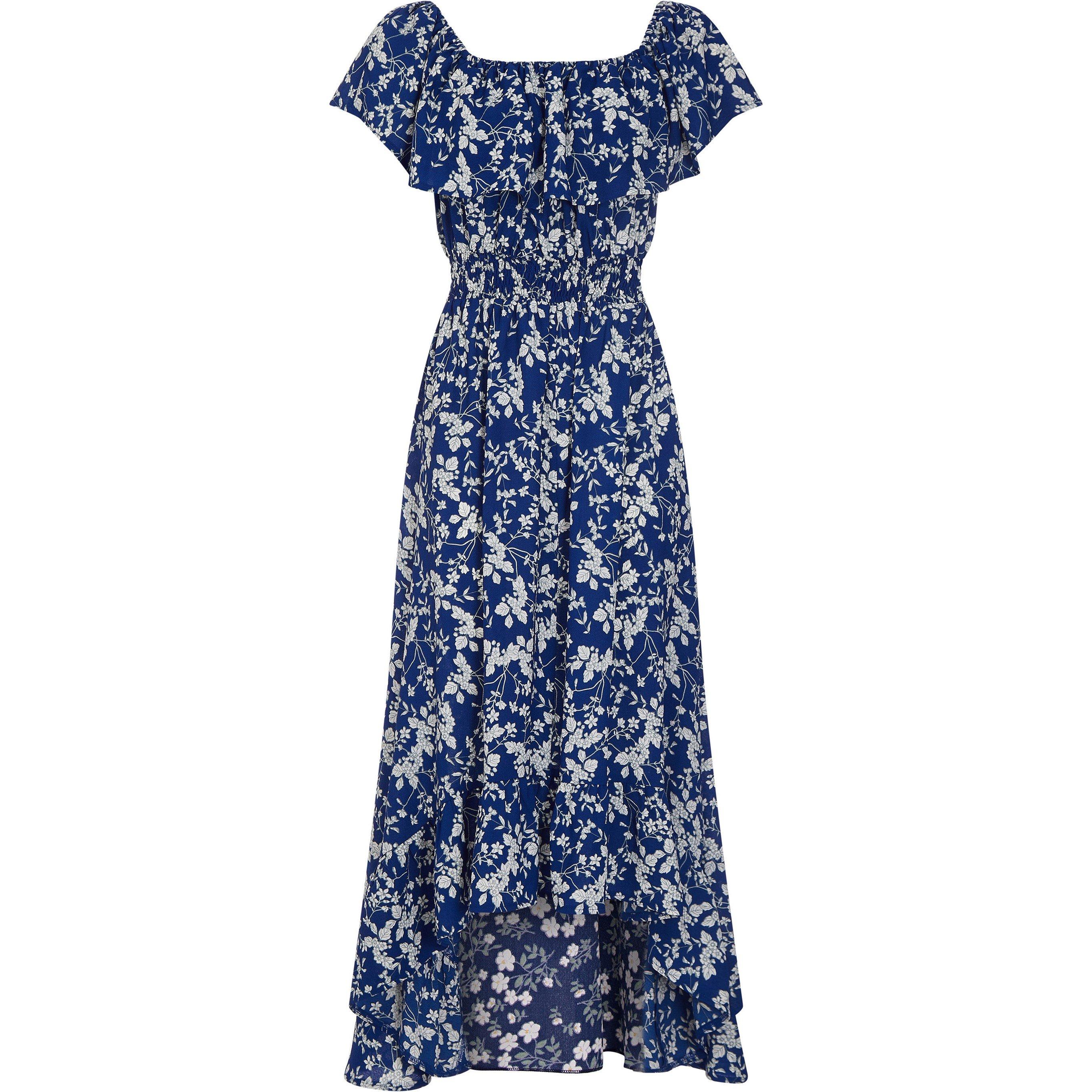 Blue - Mela London - Blue Ditsy Print Bardot Dipped Hem Dress - 4