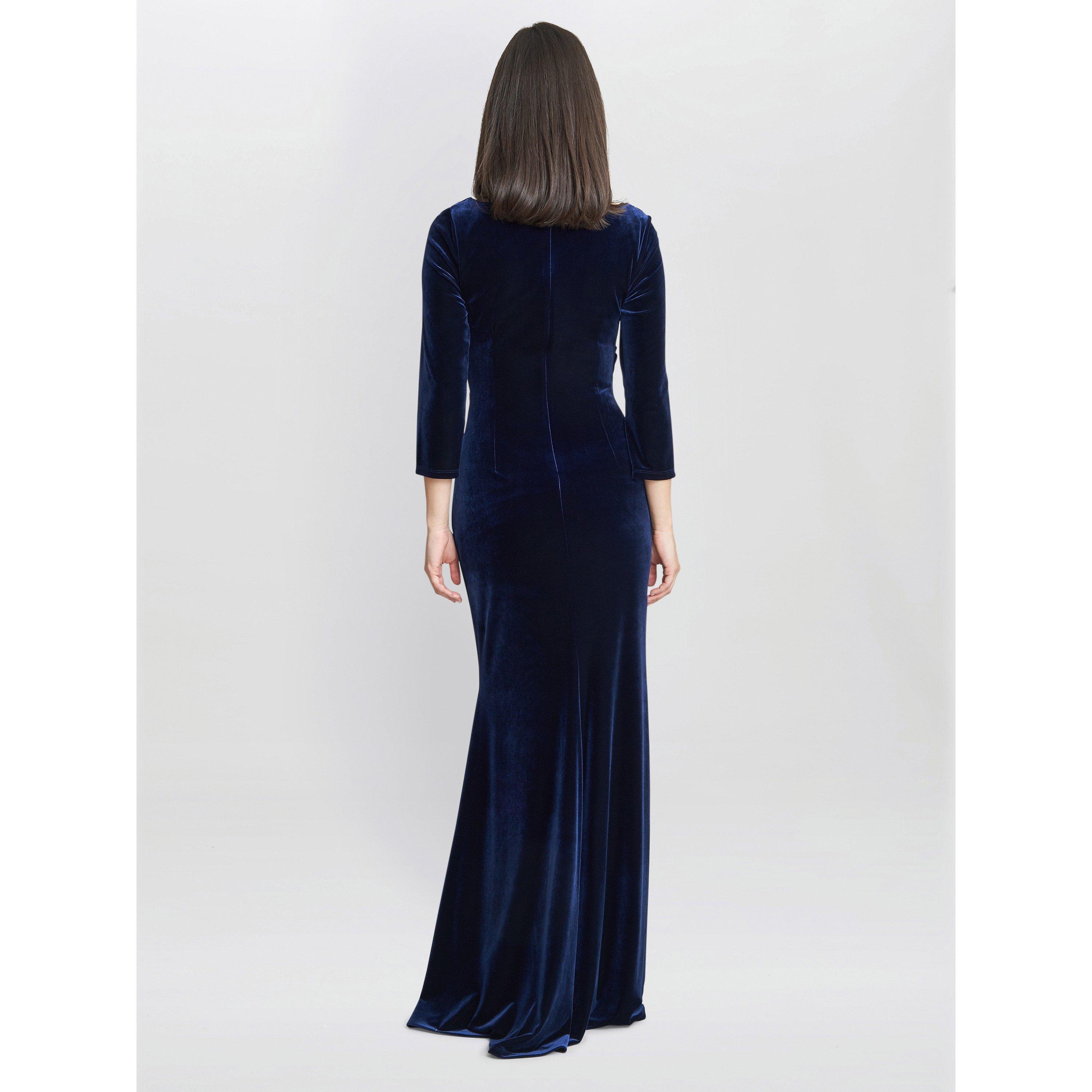 Navy - Gina Bacconi - Sophie Velvet Maxi Dress With three quarter Sleeve - 2