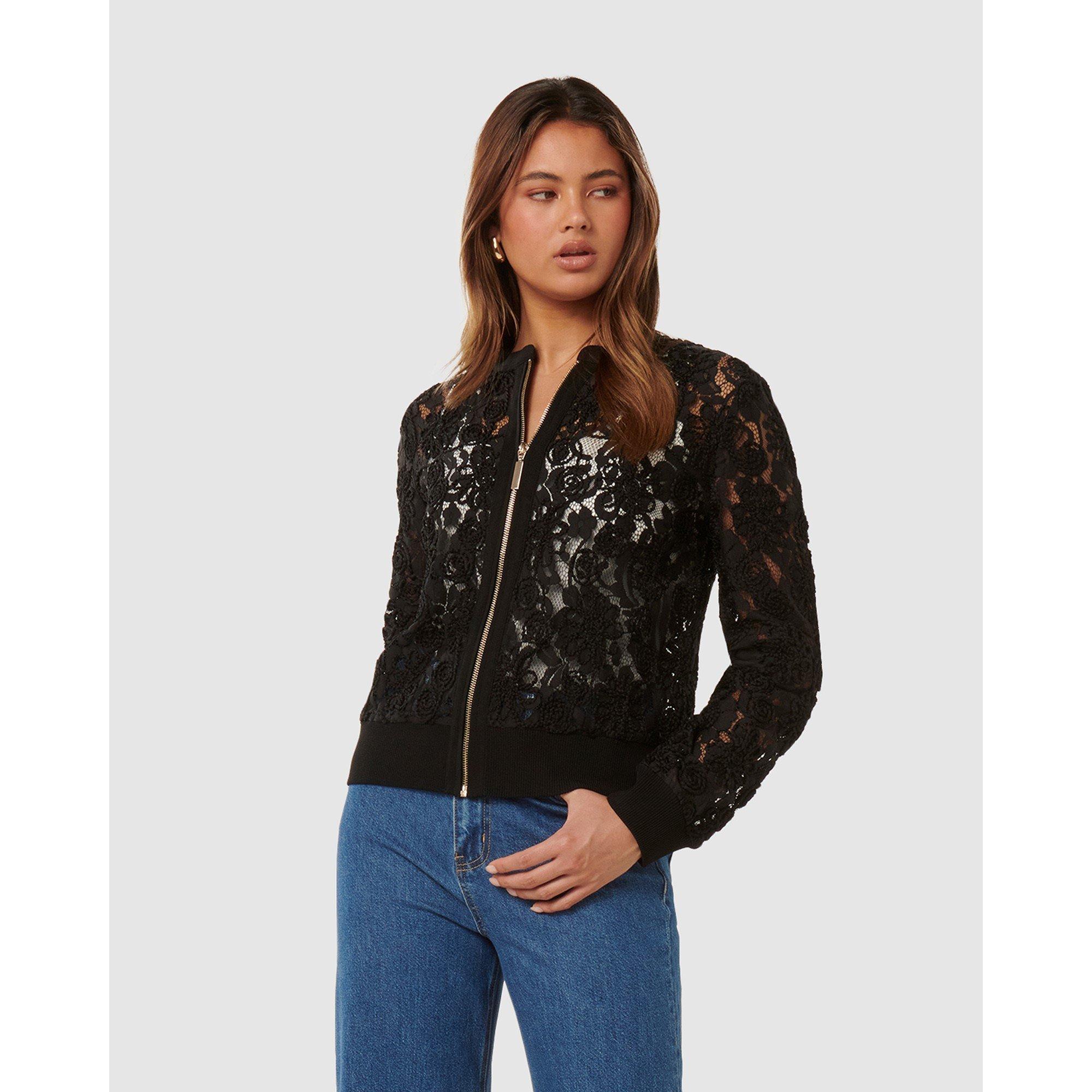 Black - Forever New - Women's Riley Lace Mixed Knitted Bomber Jacket - 3