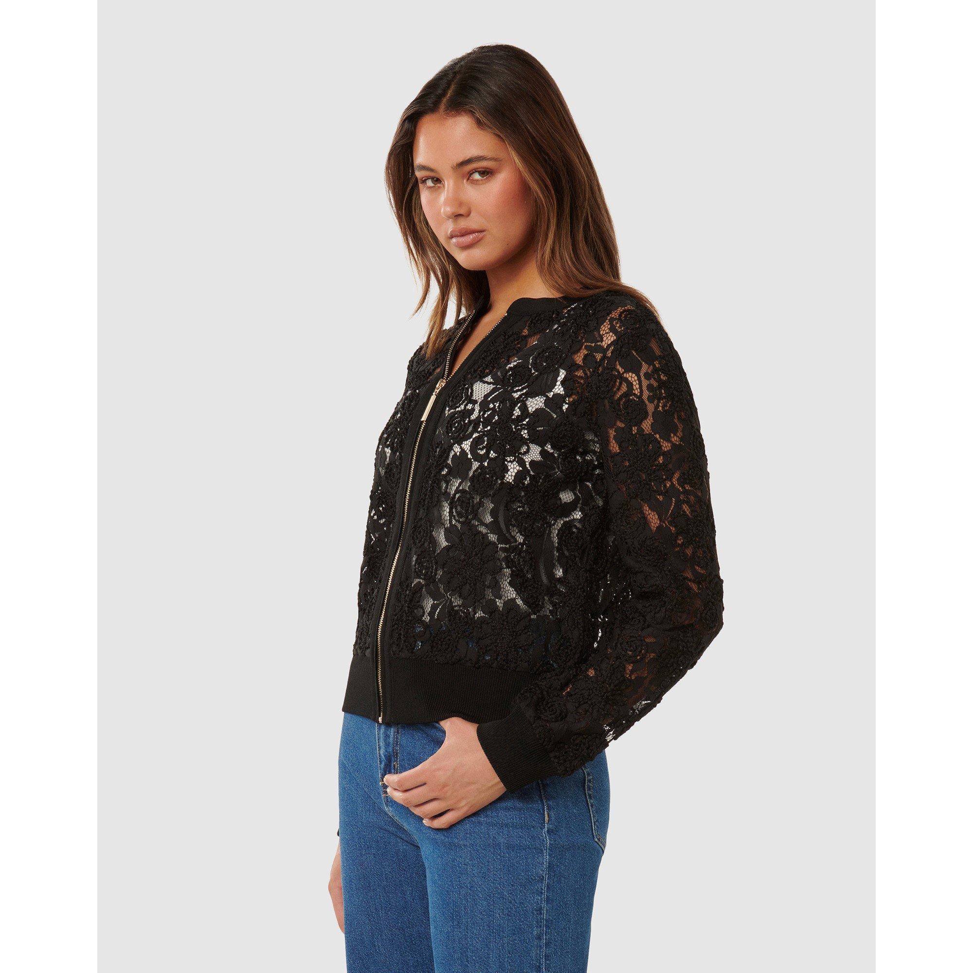 Black - Forever New - Women's Riley Lace Mixed Knitted Bomber Jacket - 5