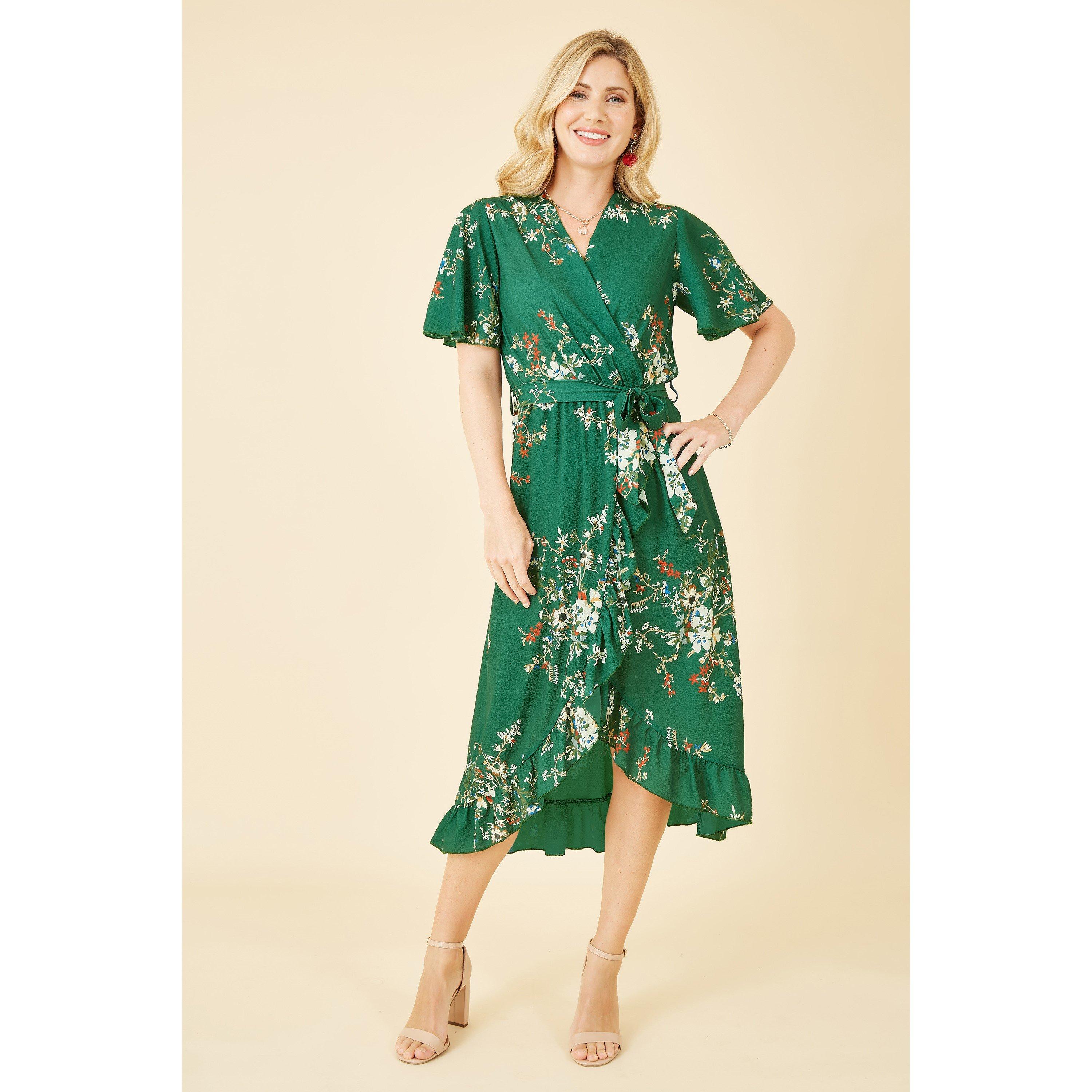 Green - Mela London - Green Floral Dip Hem Wrap Midi Dress - 1