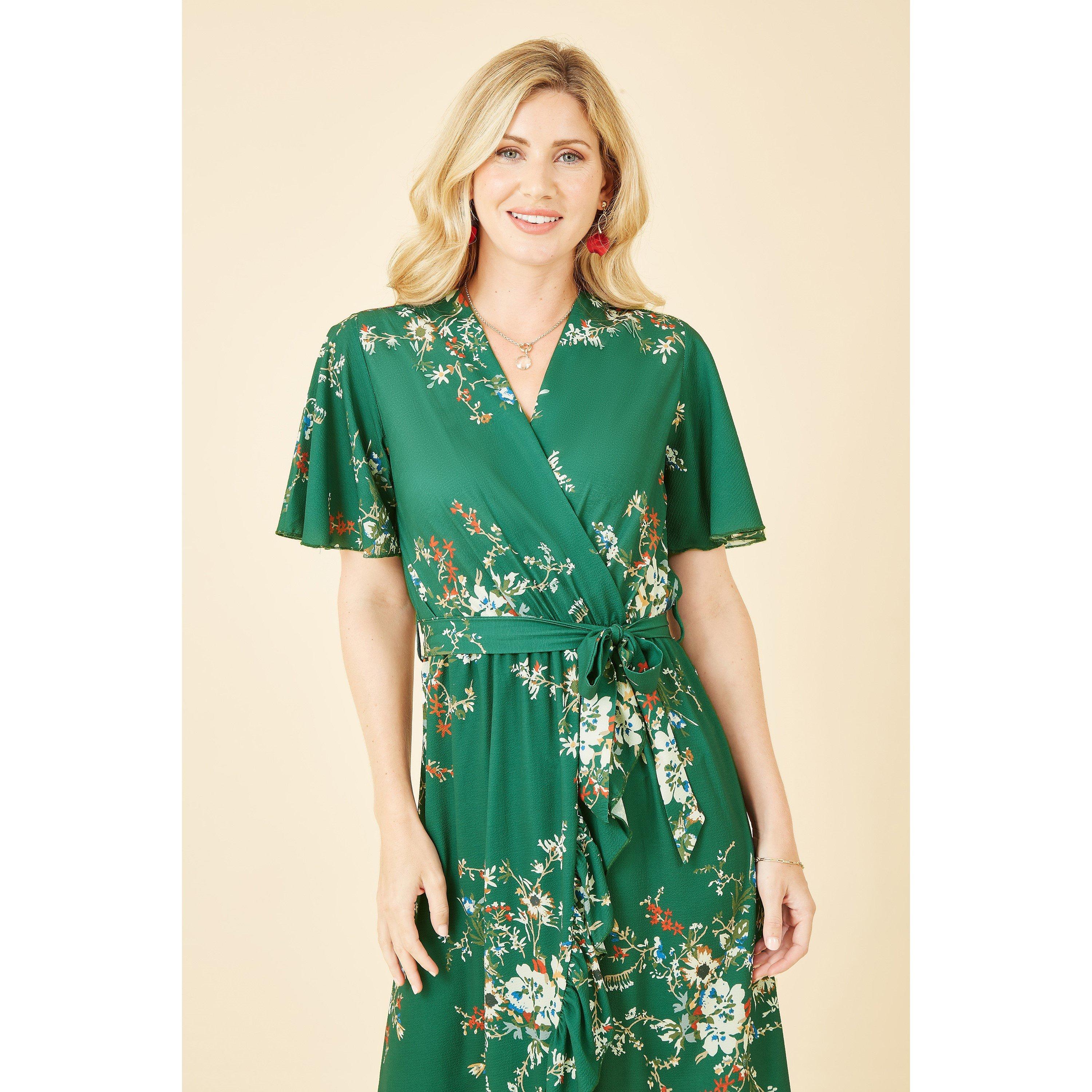 Green - Mela London - Green Floral Dip Hem Wrap Midi Dress - 2