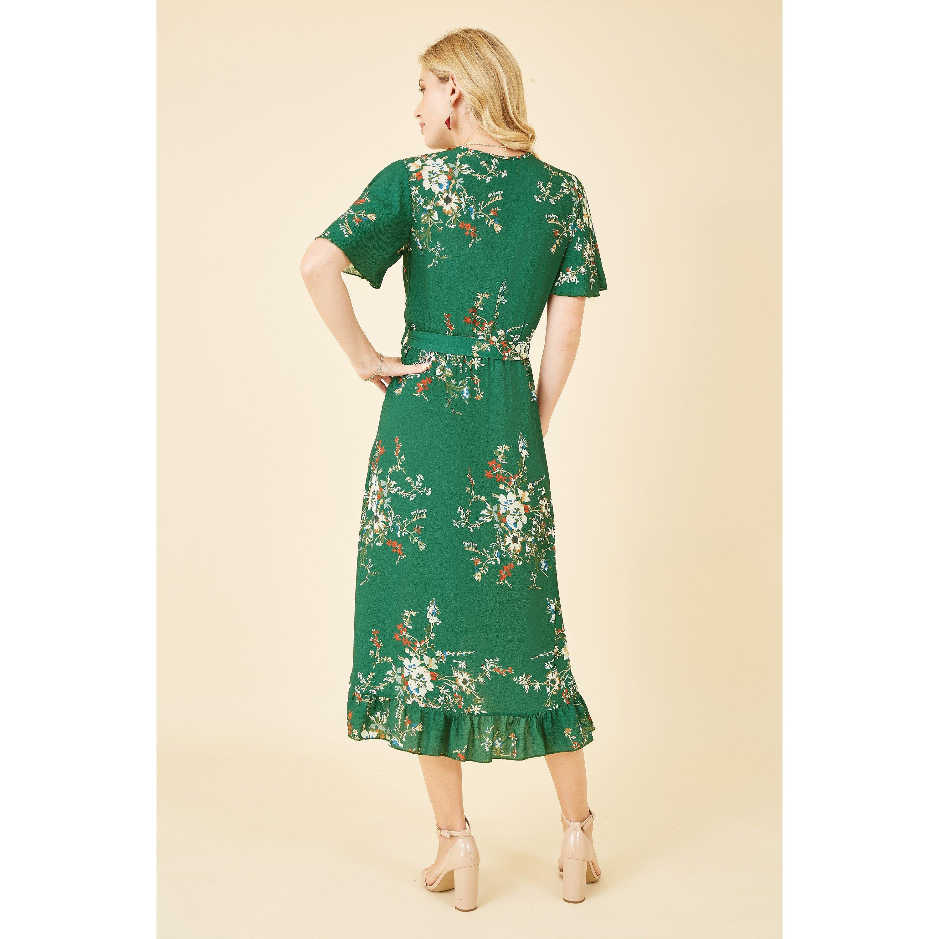 Green - Mela London - Green Floral Dip Hem Wrap Midi Dress - 3