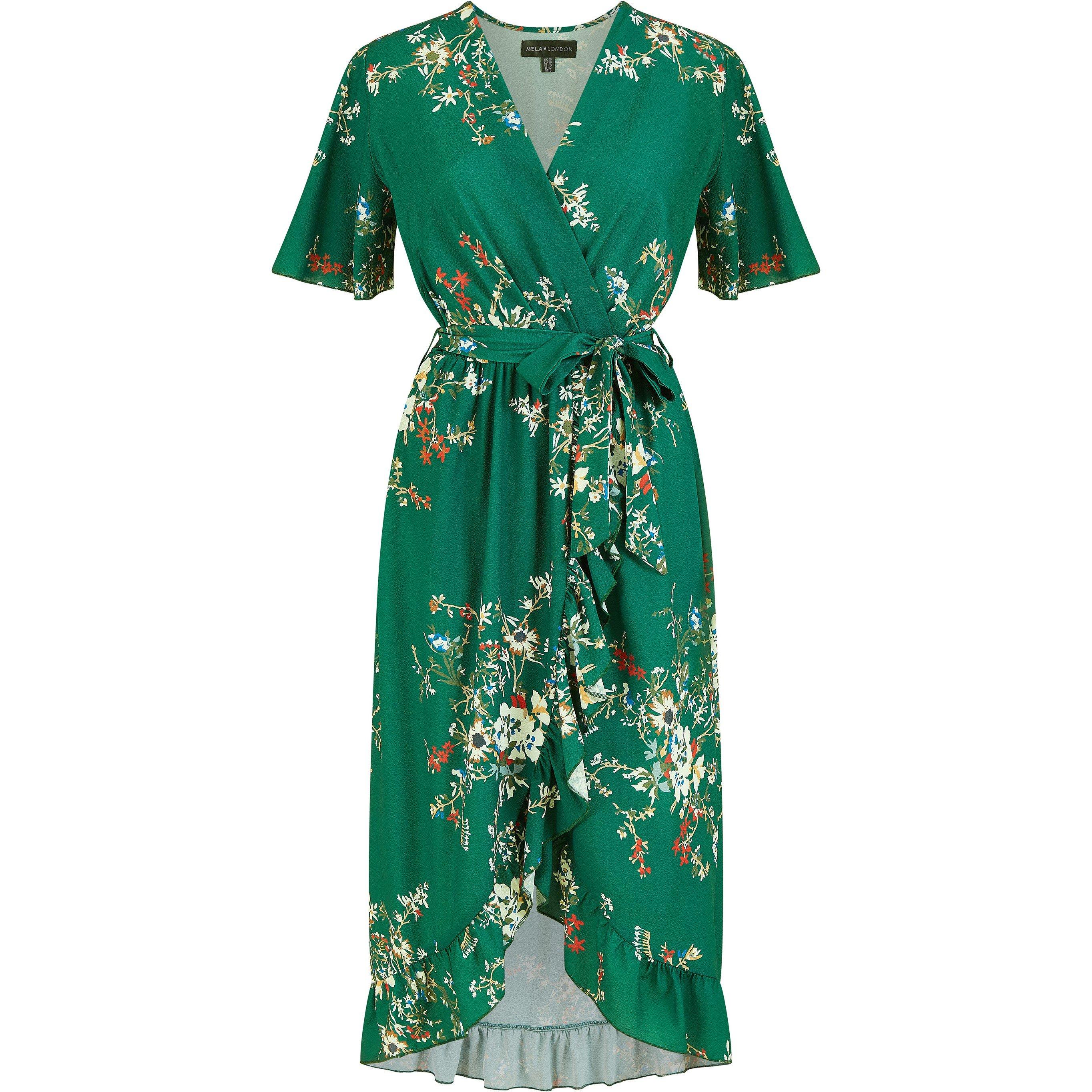 Green - Mela London - Green Floral Dip Hem Wrap Midi Dress - 4