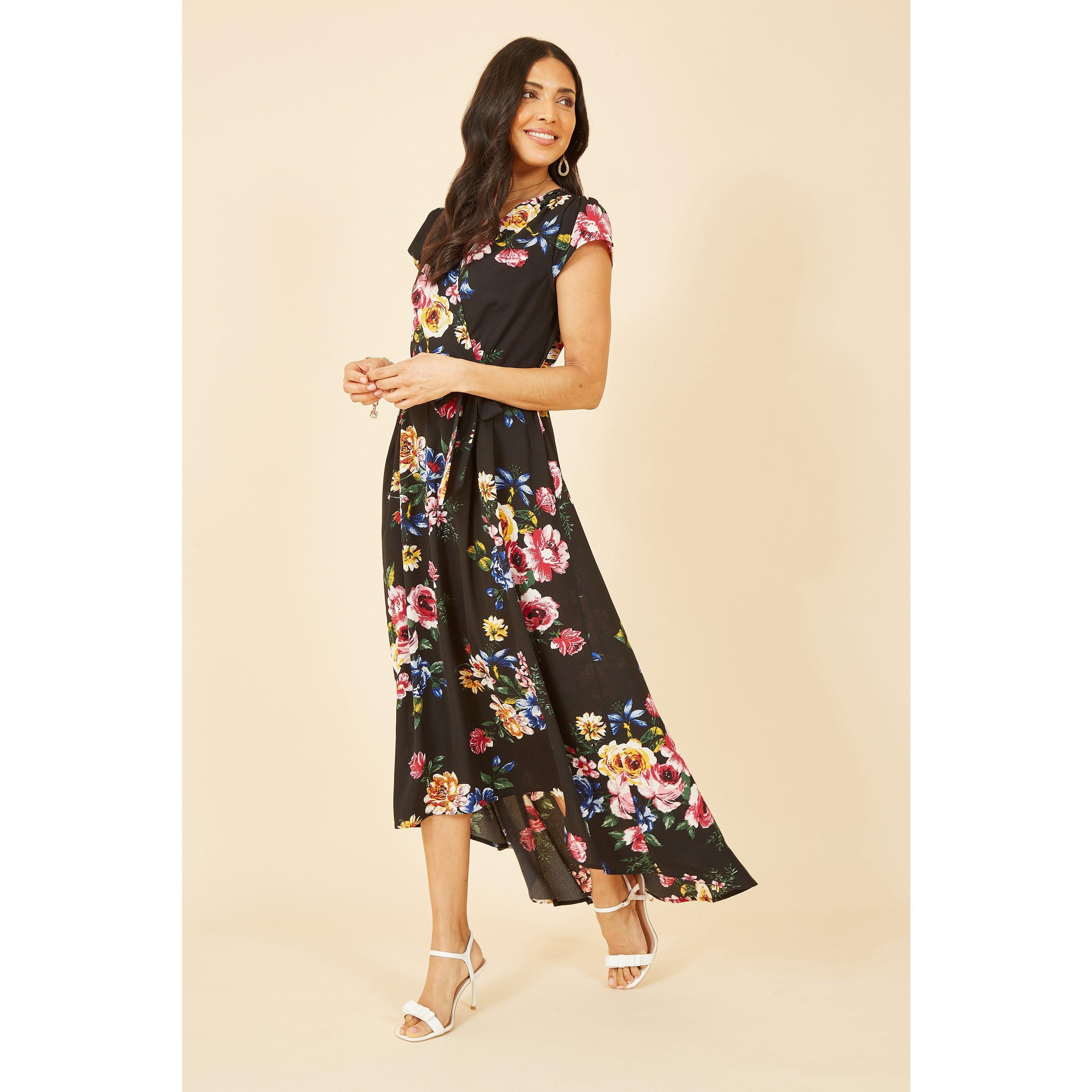 Black - Mela London - Black Floral Dipped Hem Midi Dress - 1