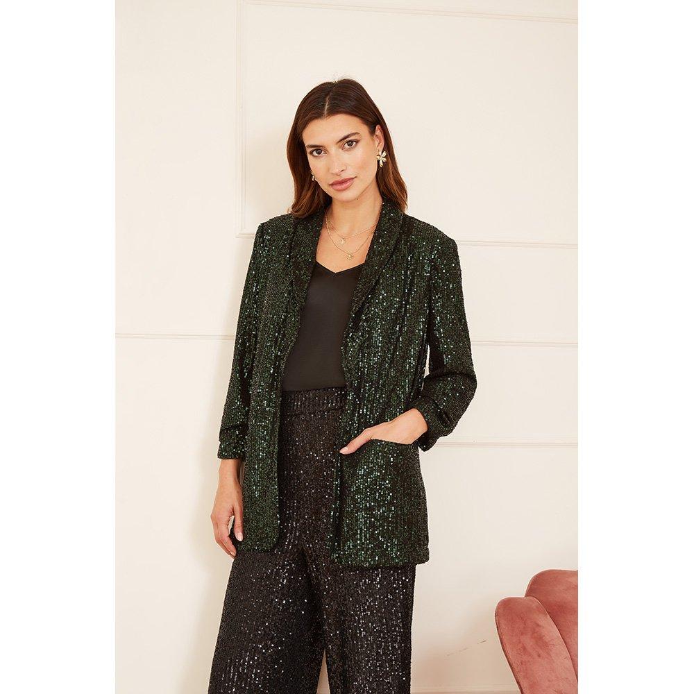 Dark Green - Yumi - Women's Green Sequin Blazer with Pockets - 2