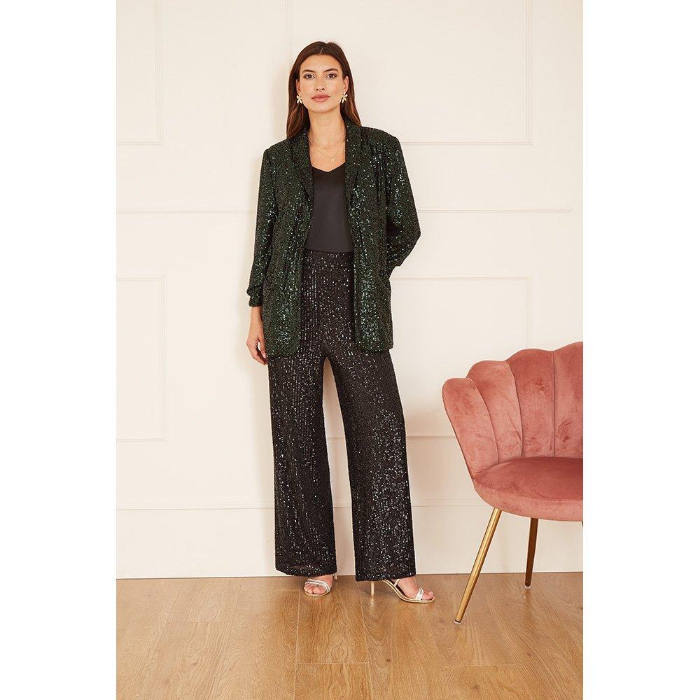 Dark Green - Yumi - Women's Green Sequin Blazer with Pockets - 3