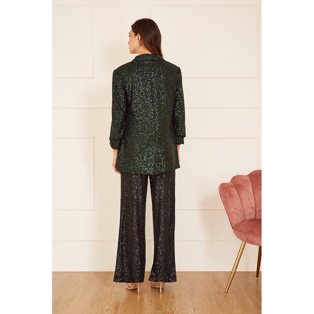 Dark Green - Yumi - Women's Green Sequin Blazer with Pockets - 4