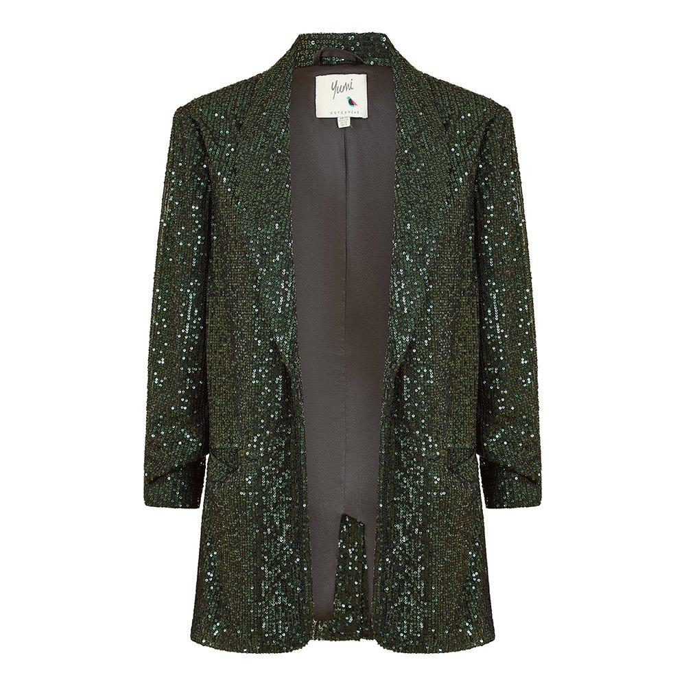 Dark Green - Yumi - Women's Green Sequin Blazer with Pockets - 5