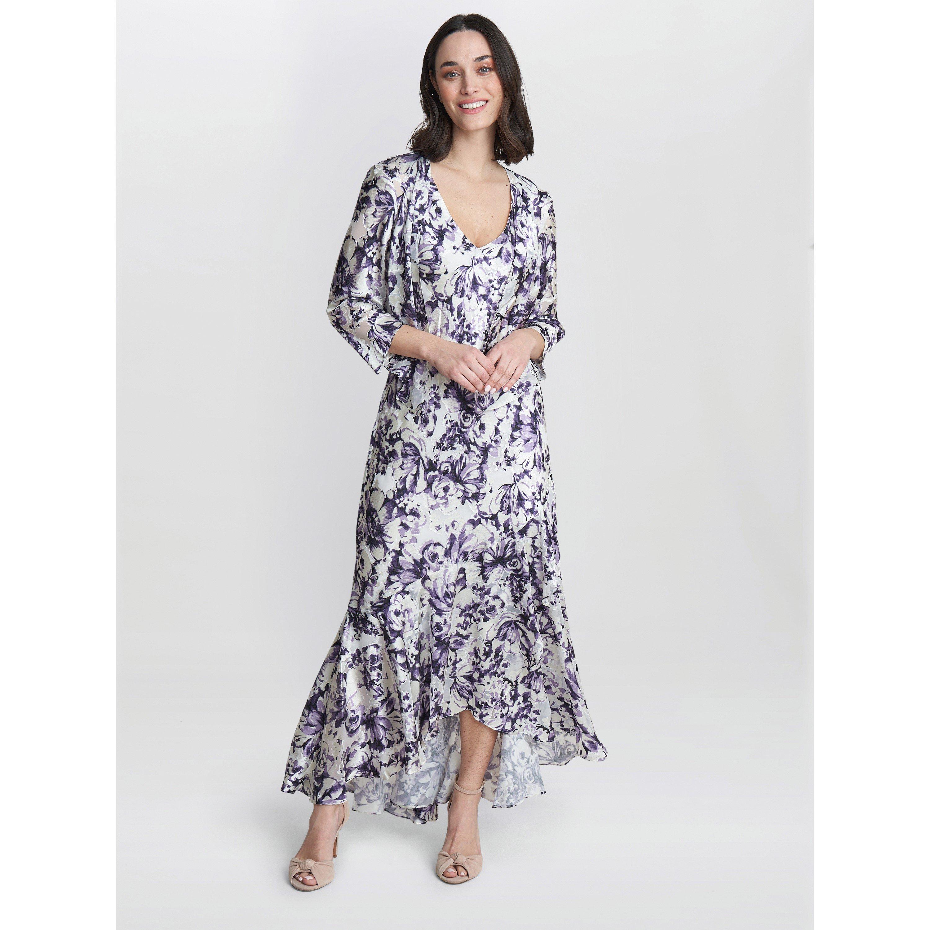 Ivory / Purple - Gina Bacconi - Rina Printed Midi Dress And Jacket - 3