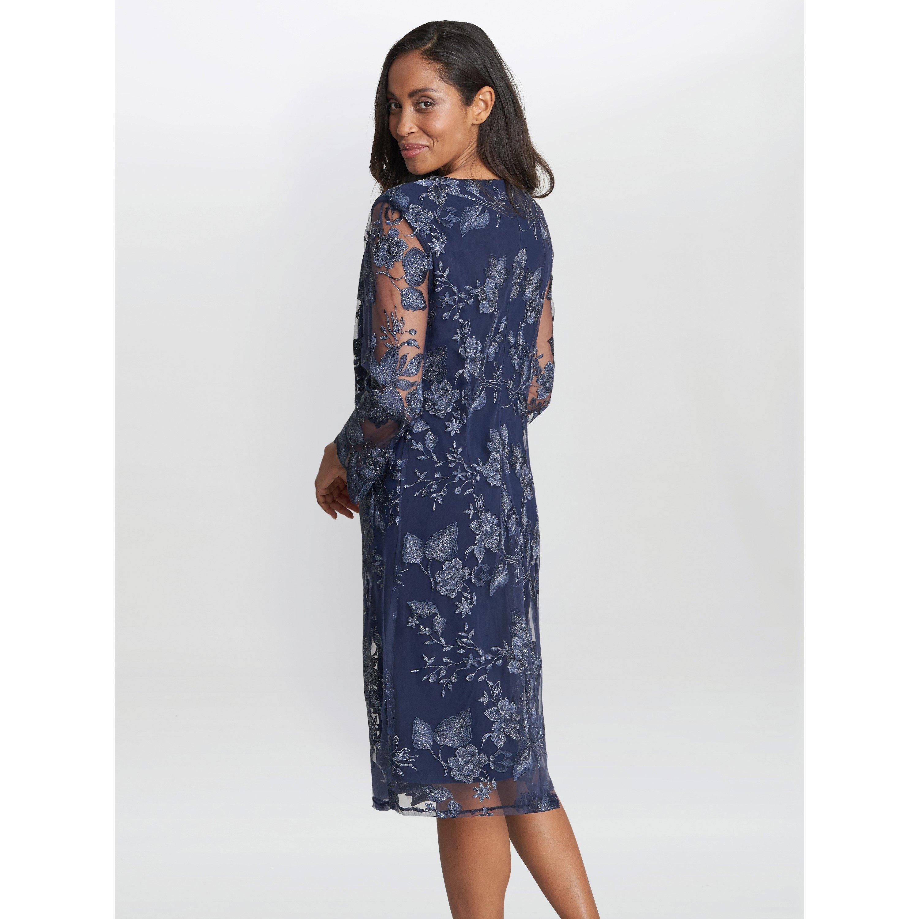 Spring Navy - Gina Bacconi - Savoy Embroidered Lace Mock Jacket Dress - 2