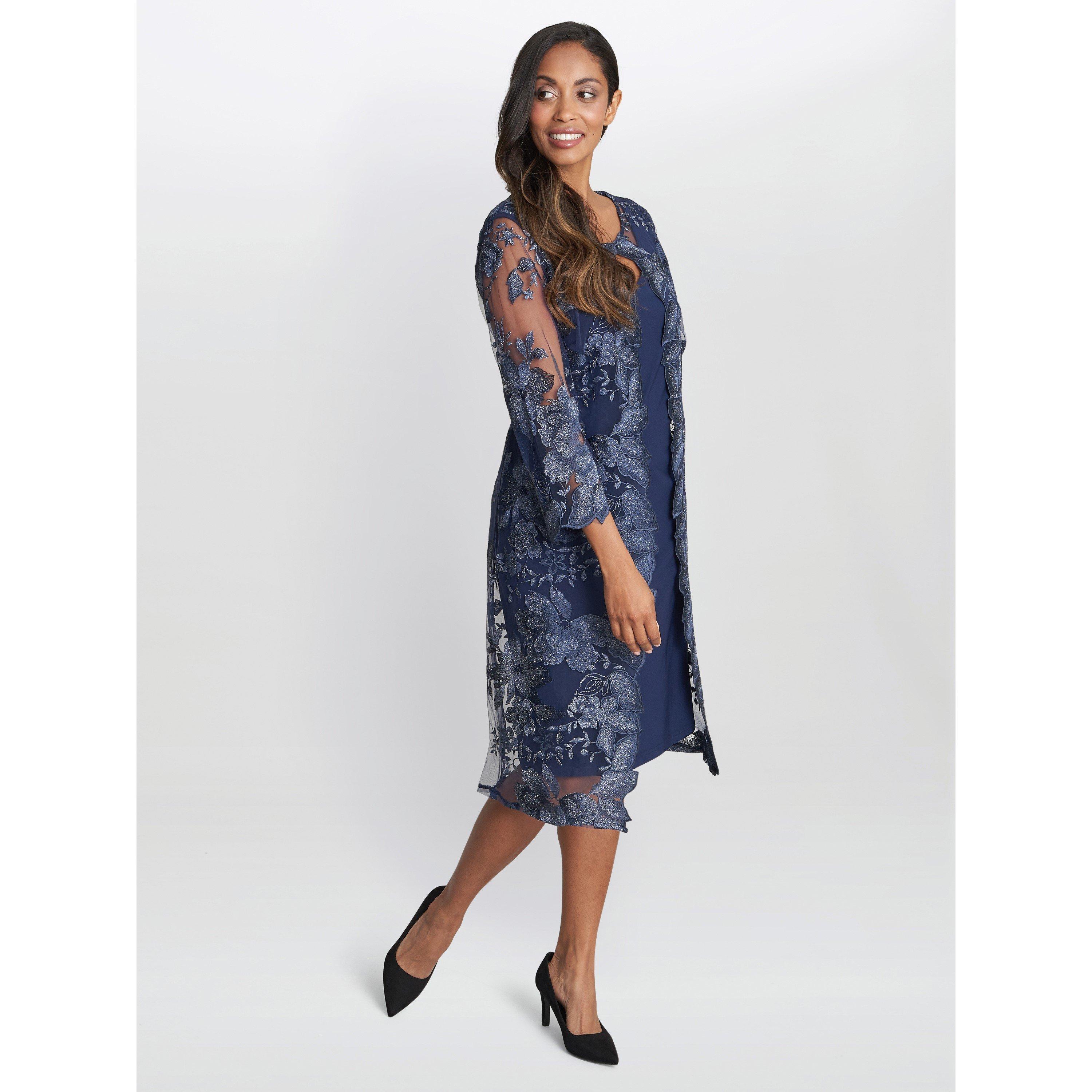Spring Navy - Gina Bacconi - Savoy Embroidered Lace Mock Jacket Dress - 3